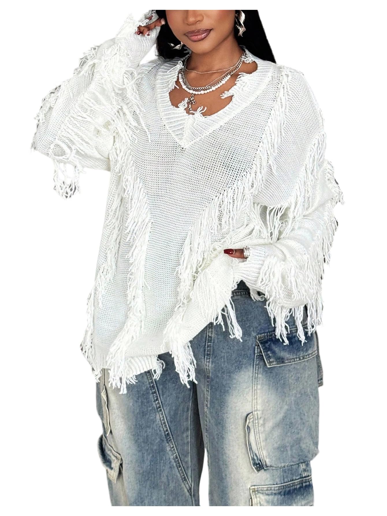RoseSeek Women's Plus Size Ripped Distressed Sweaters V Neck Long Sleeve Gothic Fringe Sweater Y2K Jumper Fall Outfits