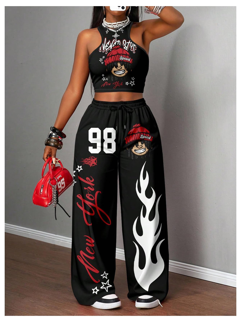 SHENHE Women's Y2k 2 Piece Outfits Graphic Crop Tank Low Rise Wide Leg Baggy Pants Set Hip Hop Streetwear
