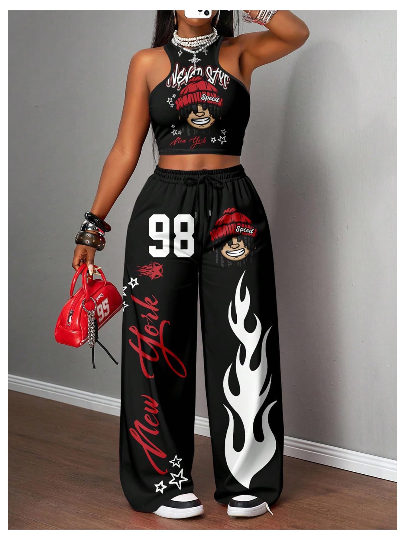 SHENHE Women's Y2k 2 Piece Outfits Graphic Crop Tank Low Rise Wide Leg Baggy Pants Set Hip Hop Streetwear