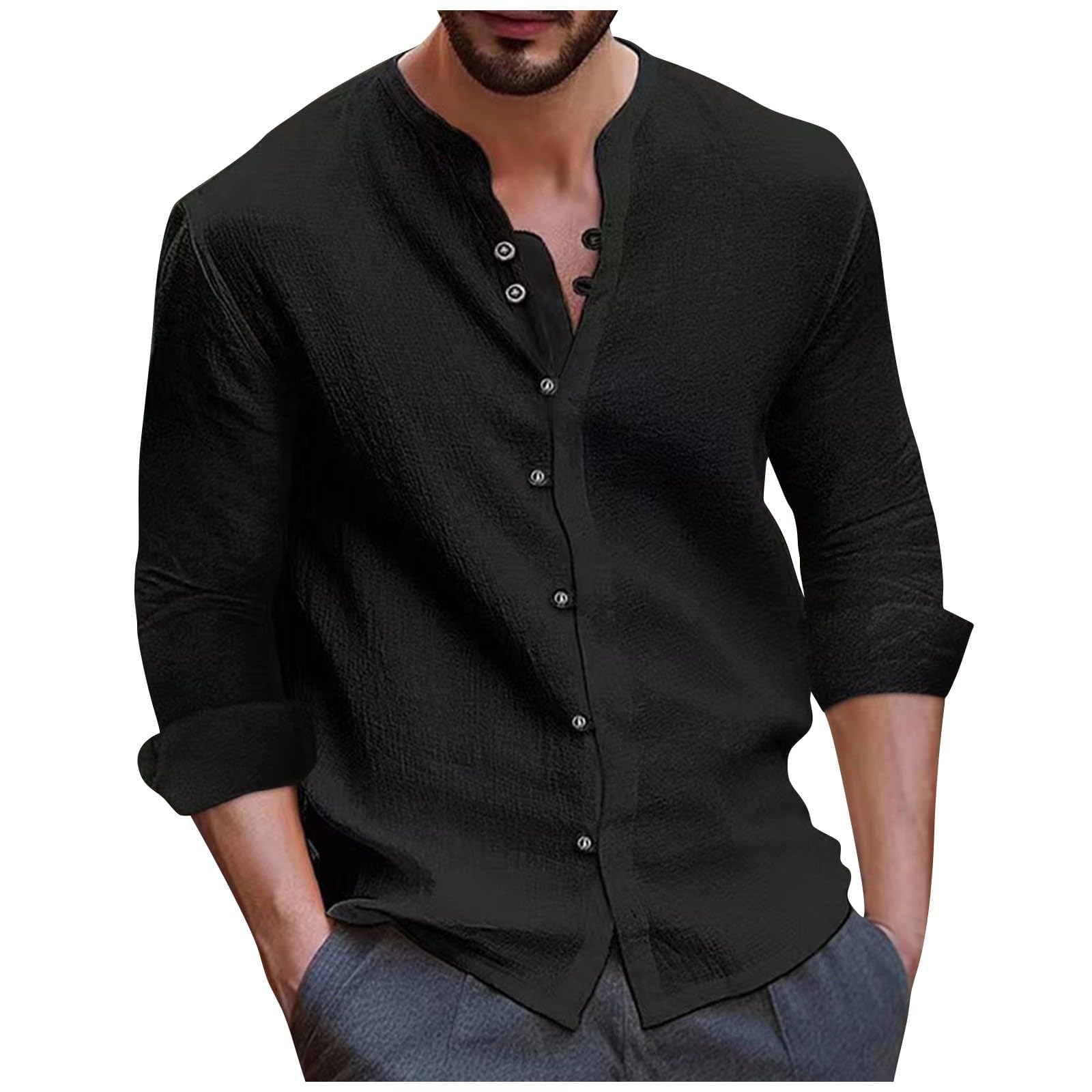 Long Sleeve Shirt Men Vintage Lightweight Plus Size Button Down Blouses Casual Workout Loose V-Neck Cotton Linen Tops