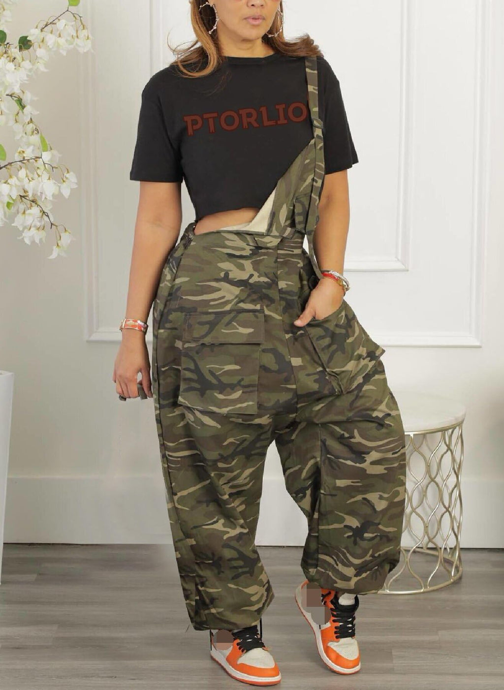 Sexy Plus Size Camo Overalls for Women Loose Fit Baggy Harem Bib Jumpsuit with Pockets
