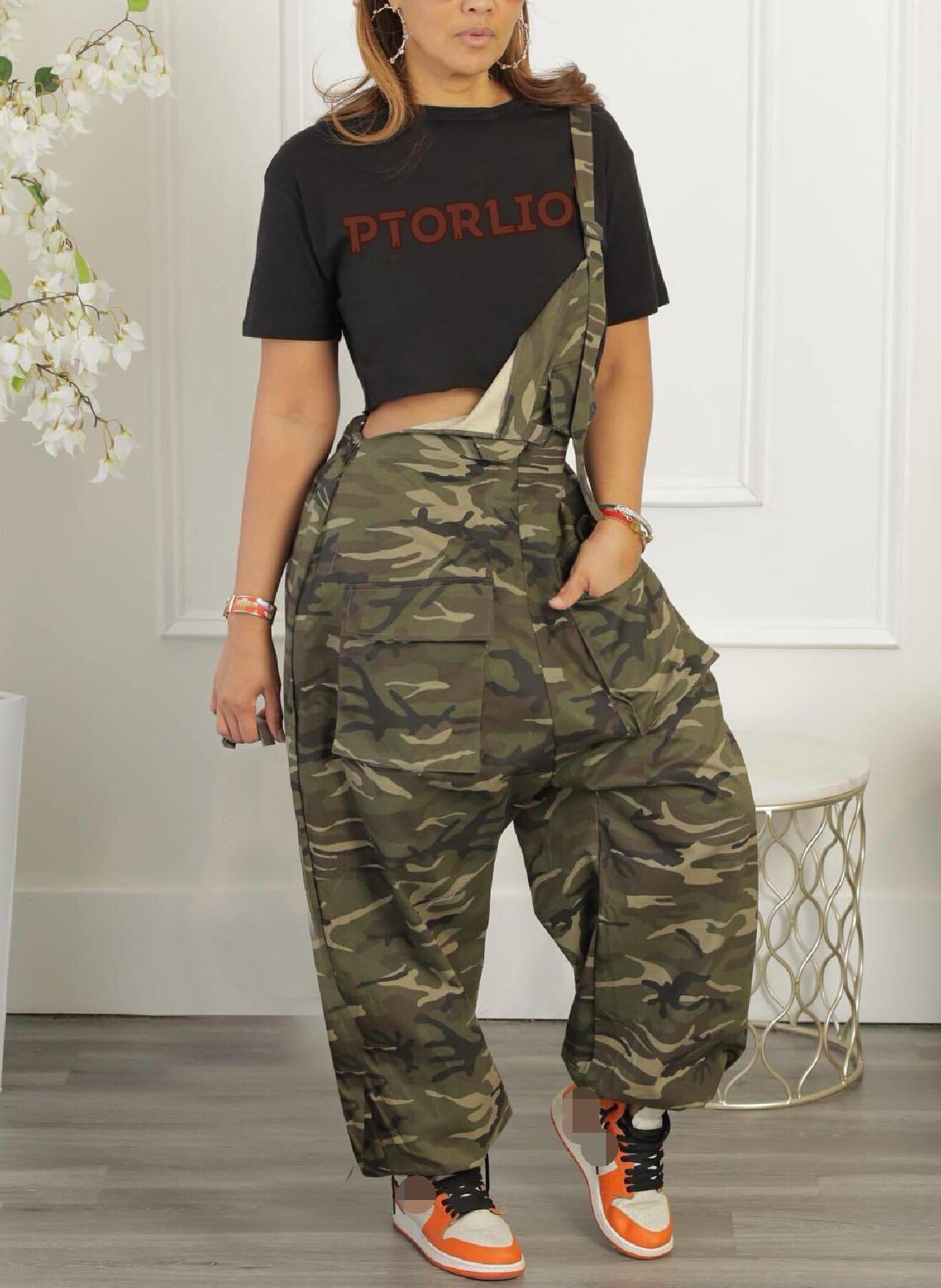 Sexy Plus Size Camo Overalls for Women Loose Fit Baggy Harem Bib Jumpsuit with Pockets
