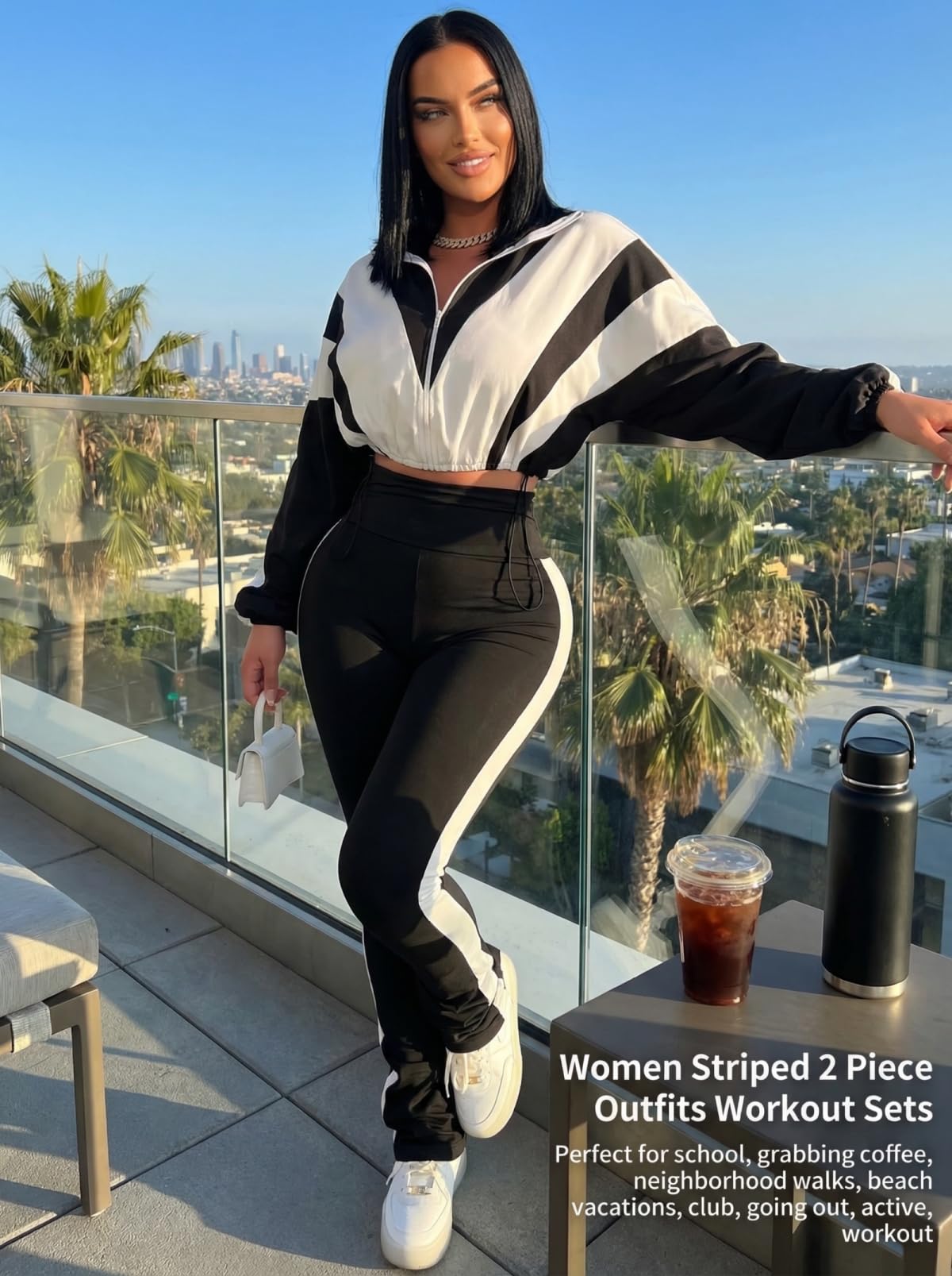 Remelon Womens 2 Piece Set Sweatsuit Color Block Long Sleeve Zip Up Cropped Jacket Legging Pants Set Tracksuit Jogger Outfits