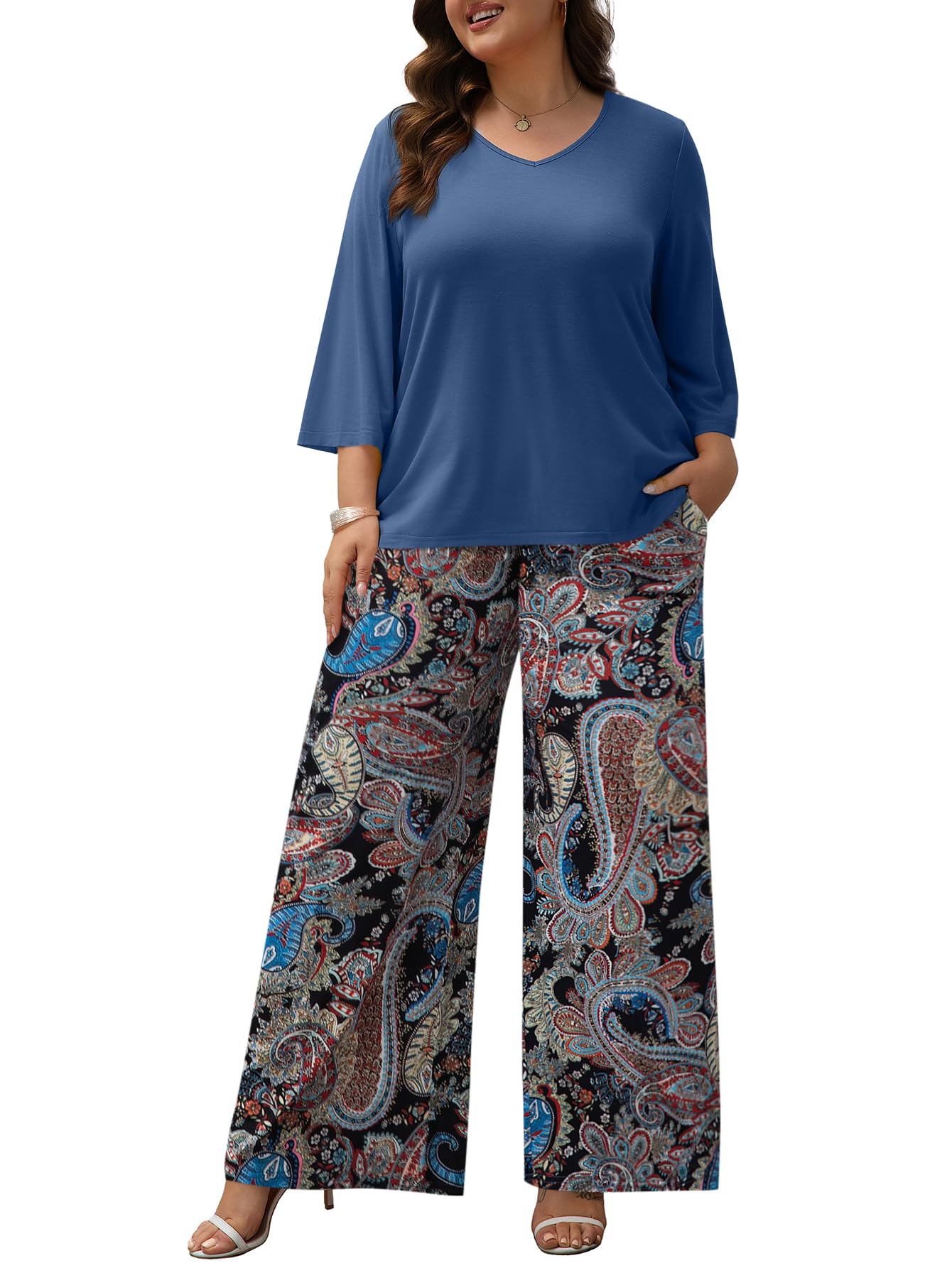 Auciccoo Womens Plus Size Lounge Sets 2 Piece Outfits 3/4 Sleeve Pullover Tops Wide Leg Pants Travel Loungewear