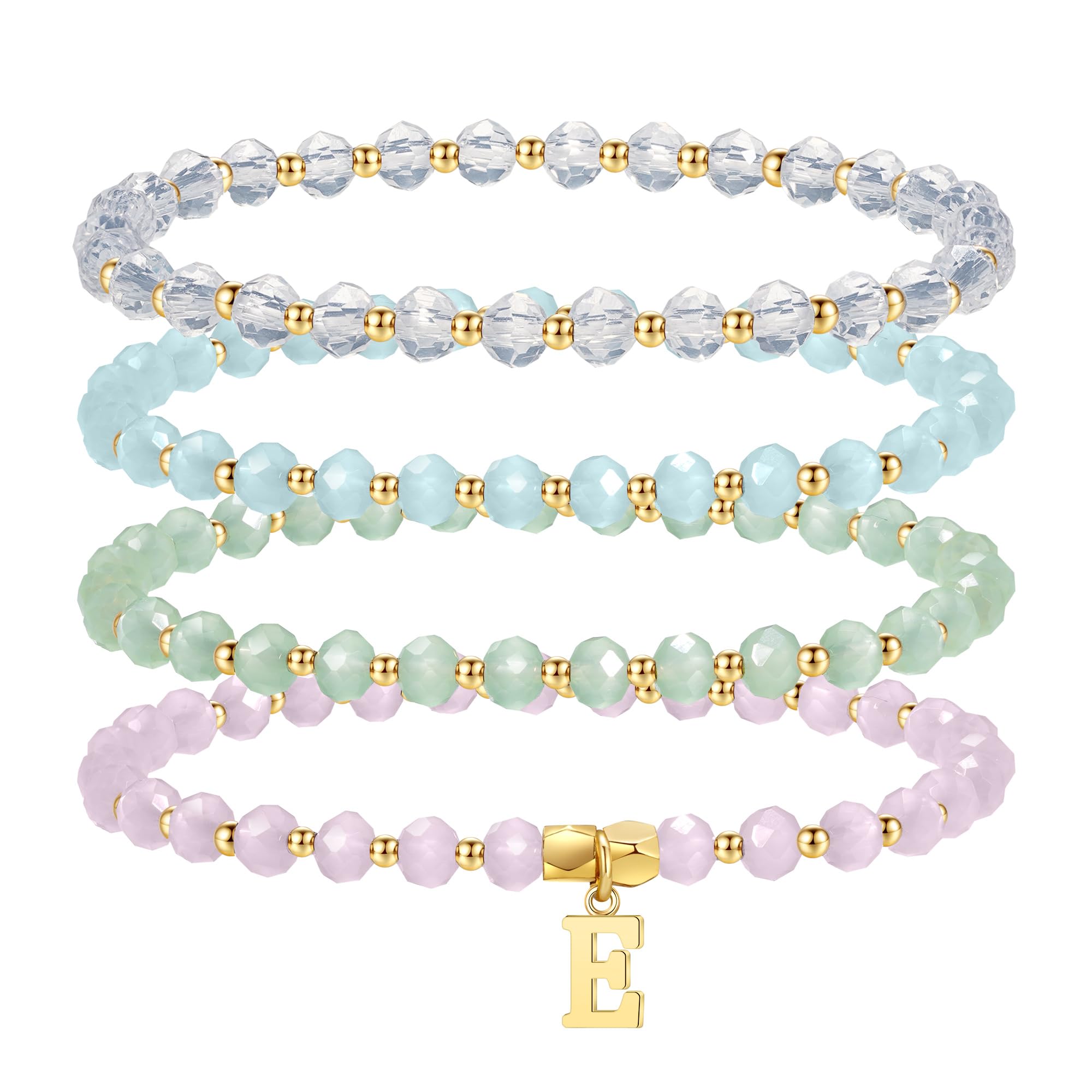 IEFWELL Initial Bracelets for Women Girls - 4Pcs Crystal Bracelets Set Pink/Blue/White/Green Crystals Beaded Bracelet Stretch Bracelet Kid Jewelry Birthday Gifts for Teen Girls Kids Toddler