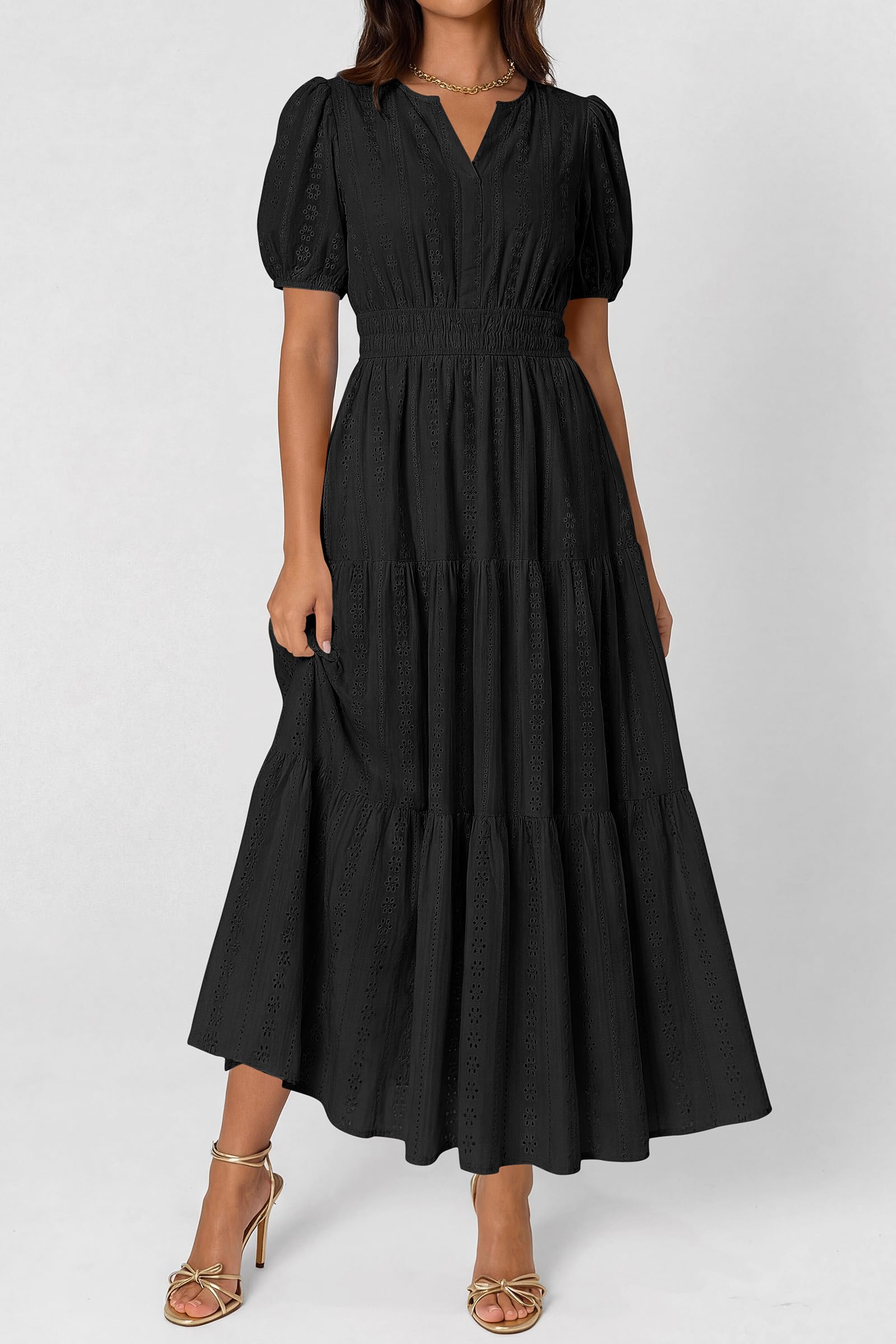 PRETTYGARDEN Womens Summer Maxi Dresses 2026 Casual Puff Sleeve V Neck Smocked Flowy Eyelet Cotton Dress Spring Sundress