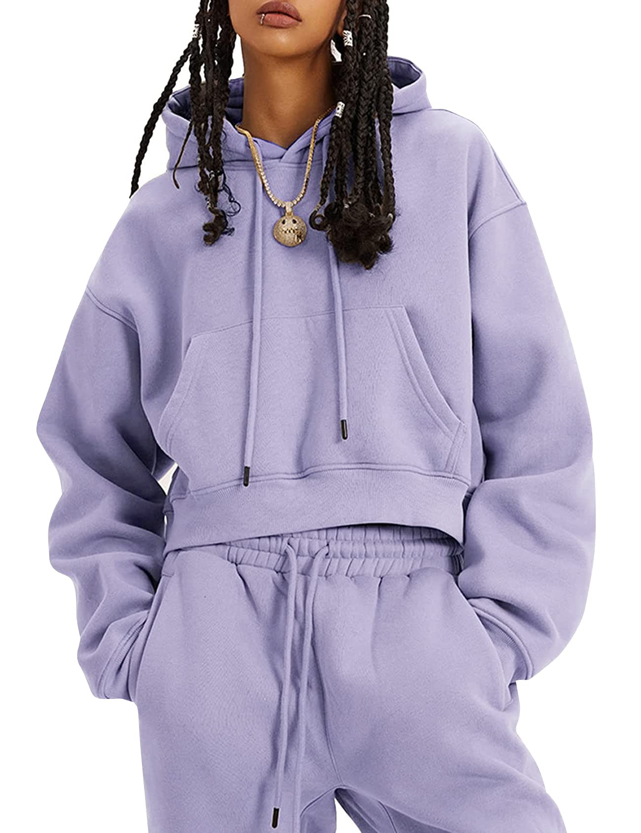 Flygo Womens Fleece 2 Piece Outfits Sweatsuit Crop Pullover Sweatshirt Joggers Pants Tracksuit Set