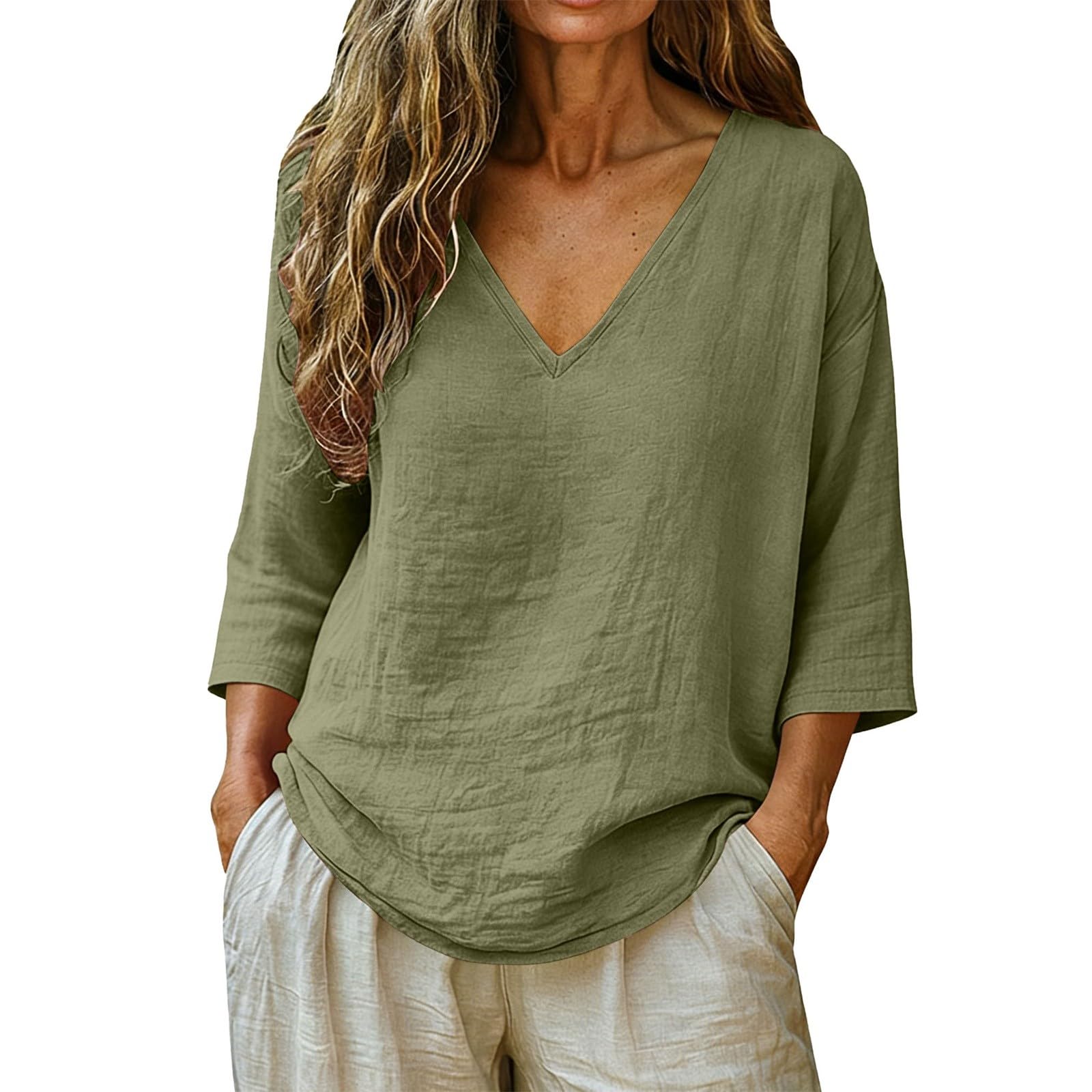 Linen Shirt Women 3/4 Sleeve Summer Casual V Neck Spring Tops Tunic Blouses Loose Fit Cotton Trendy Beach Vacation Clothes