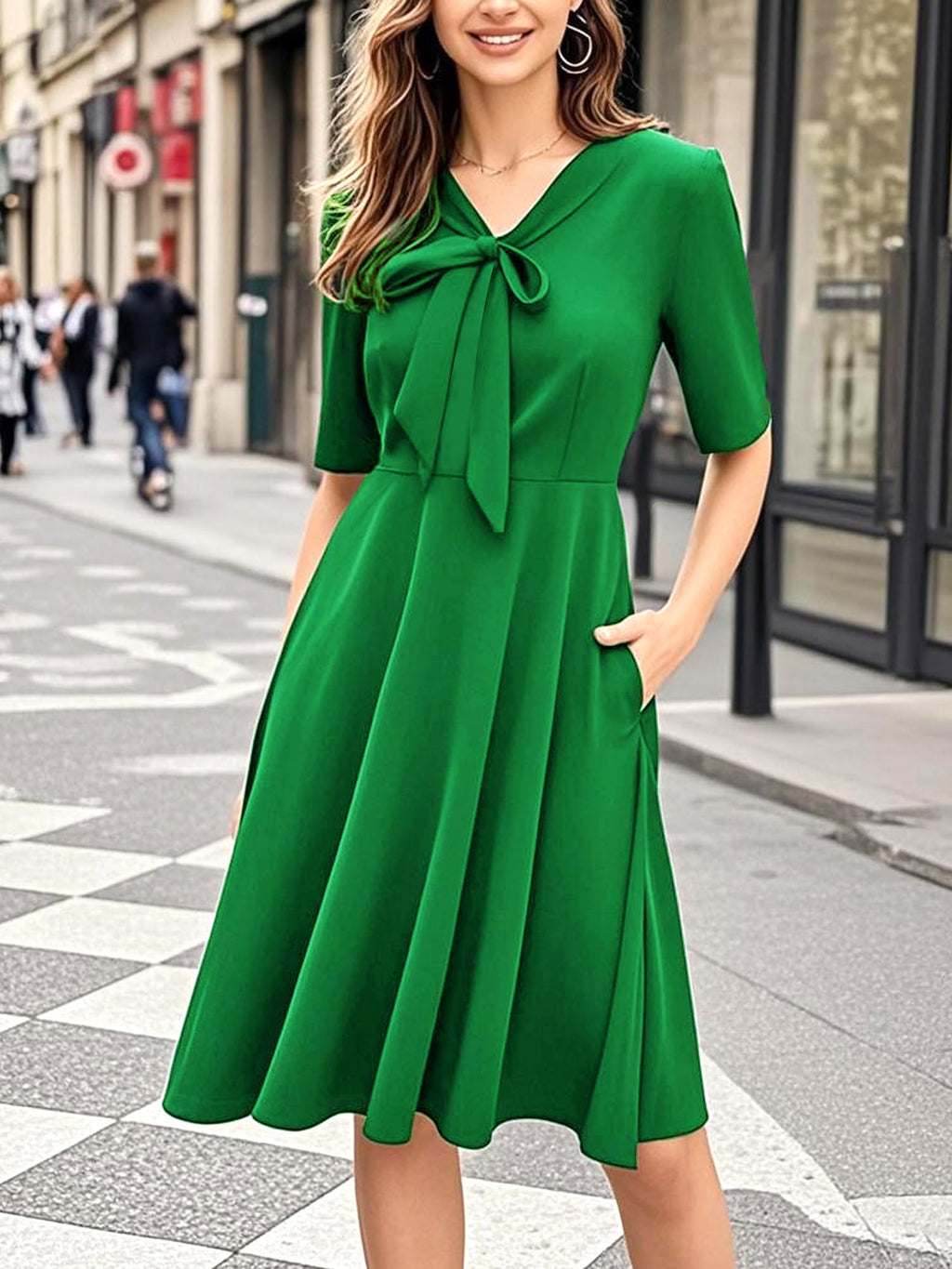 oxiuly Women's Vintage Bow Tie V-Neck Pockets Casual Work Party Cocktail Swing A-line Dresses OX278
