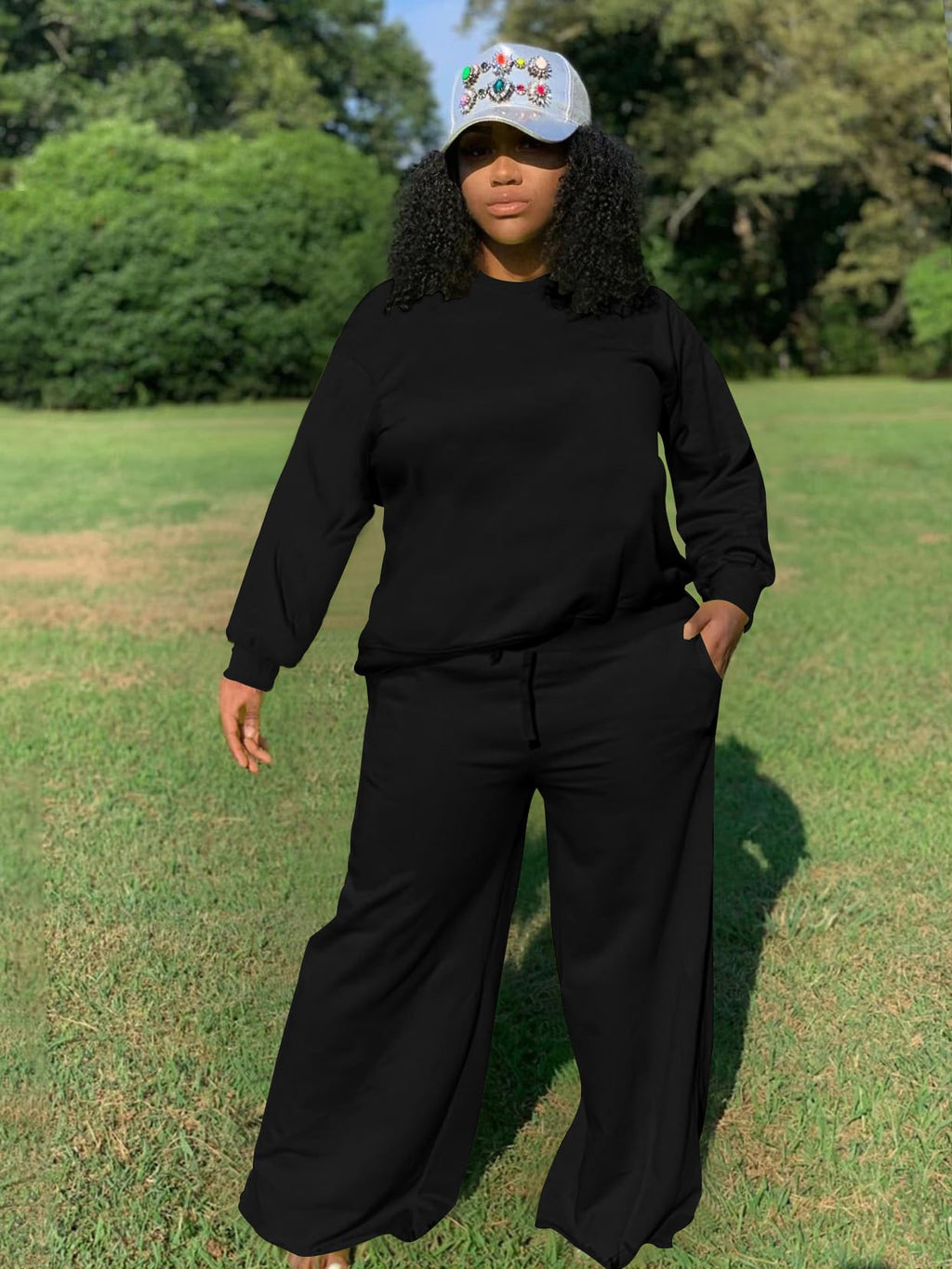 TOPSRANI Womens Plus Size Sweatsuits Tracksuit 2 Piece Outfits Crewneck Lounge Set Long Sleeve Baggy Wide Leg Pant Sets