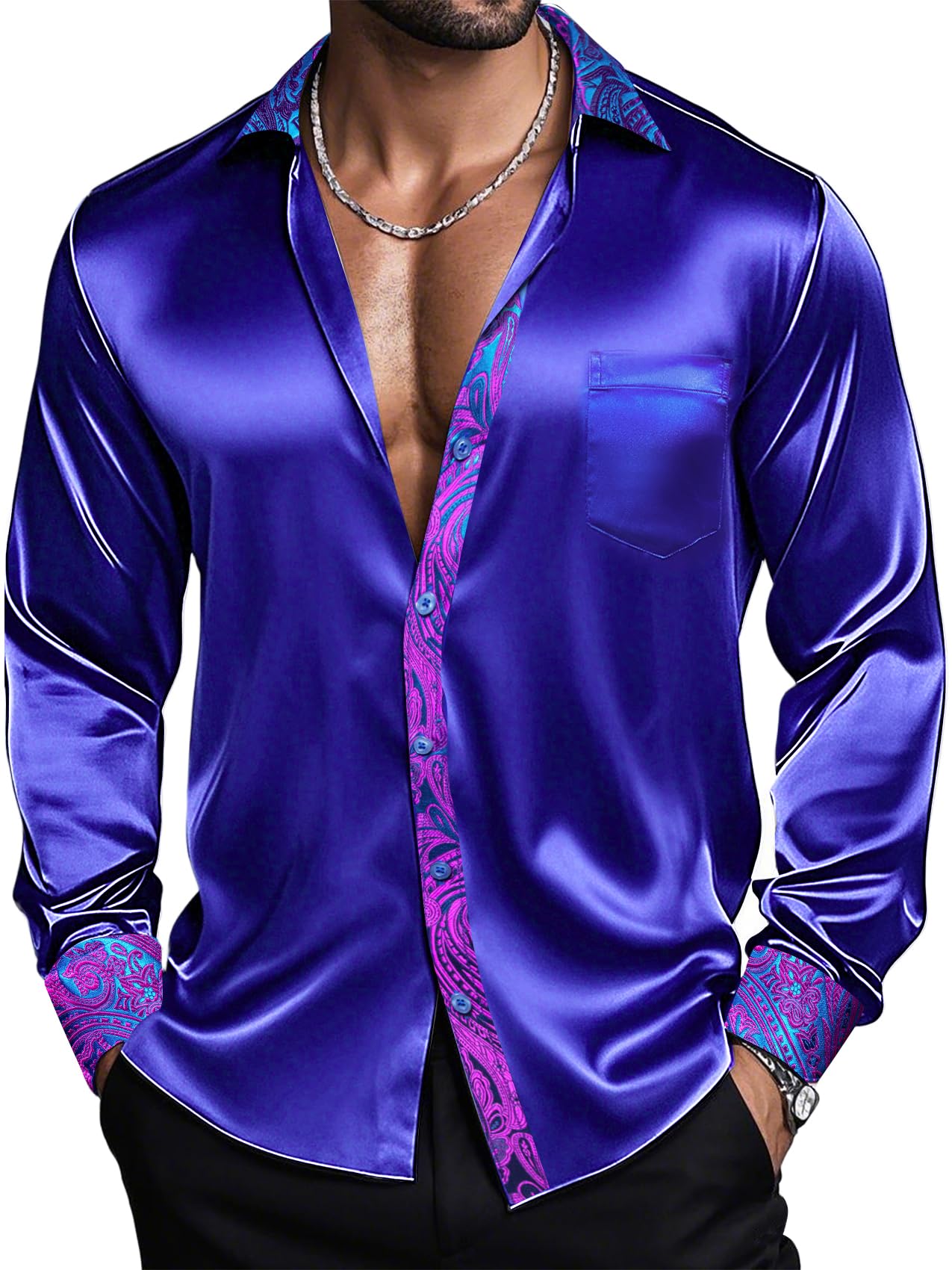 Barry.Wang Mens Satin Silk Shirts Long Sleeve Designer Dress Shirt Shiny Untucked Casual Button Down Shirt Party Disco Formal