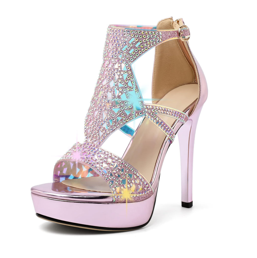 Eldof High Heeled Sandals for Women, Open Toe Strappy Platform Sandals, Cutout Gladiator Heels with Rinestones, Pumps Shoes for Dress Party Evening Summer