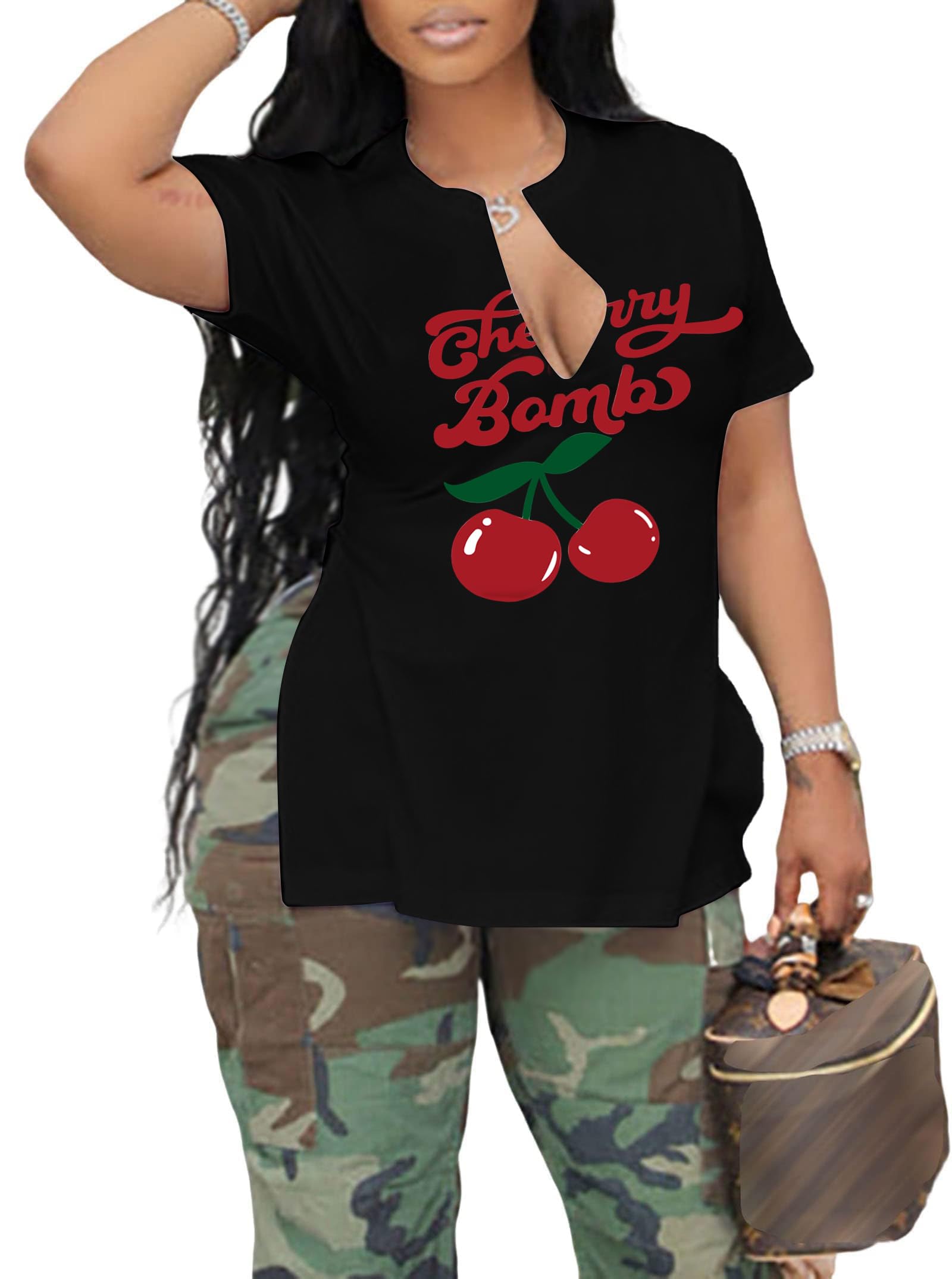 LovelyWholesale Womens Graphic Tees Sexy V Neck T Shirts Short Sleeve Side Slit Summer Tops