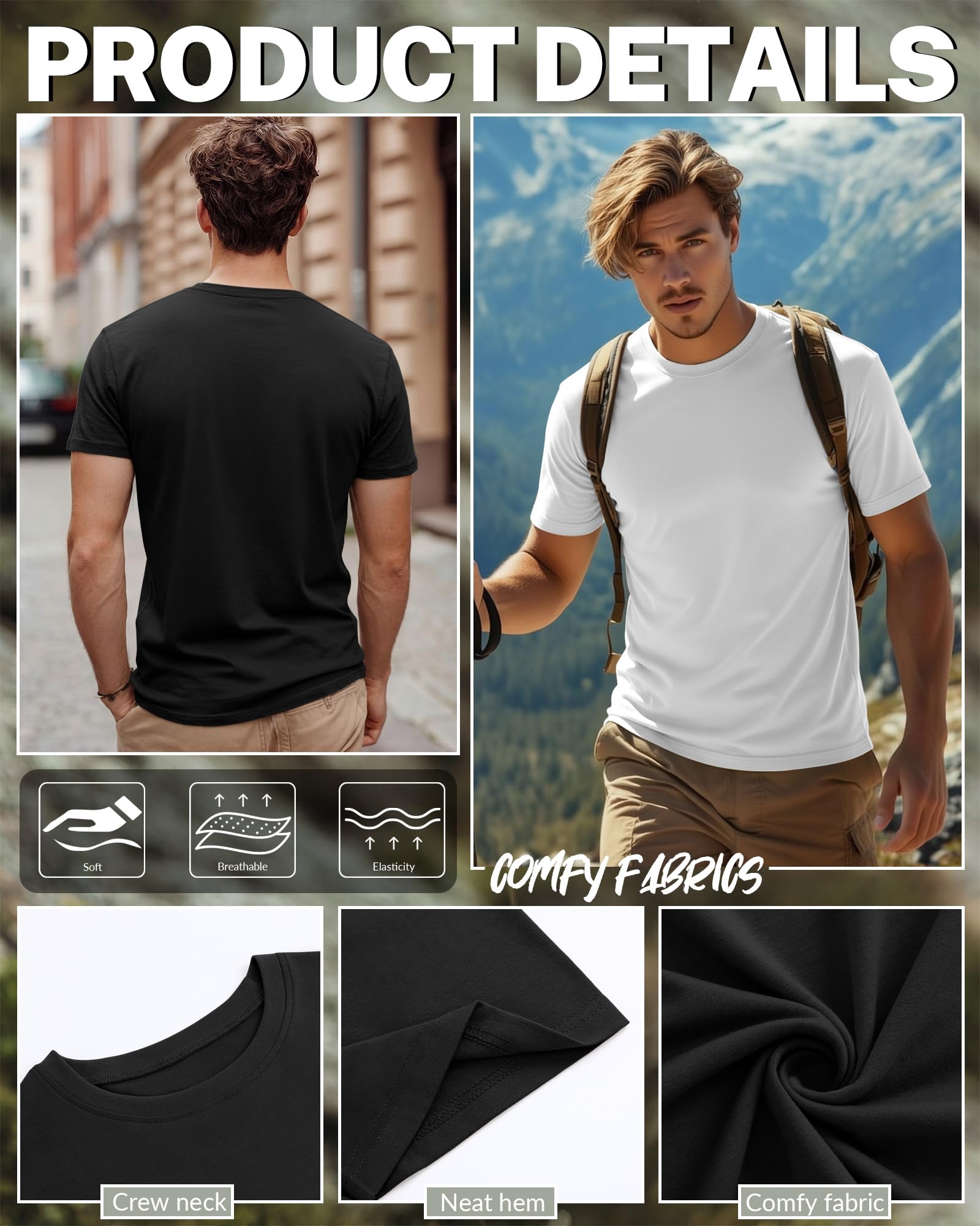Ficerd 5 Pack Men's Big and Tall Shirts Short Sleeve Cotton Tee Summer Crew Neck Oversize Top Loose Fit Shirt Multipack