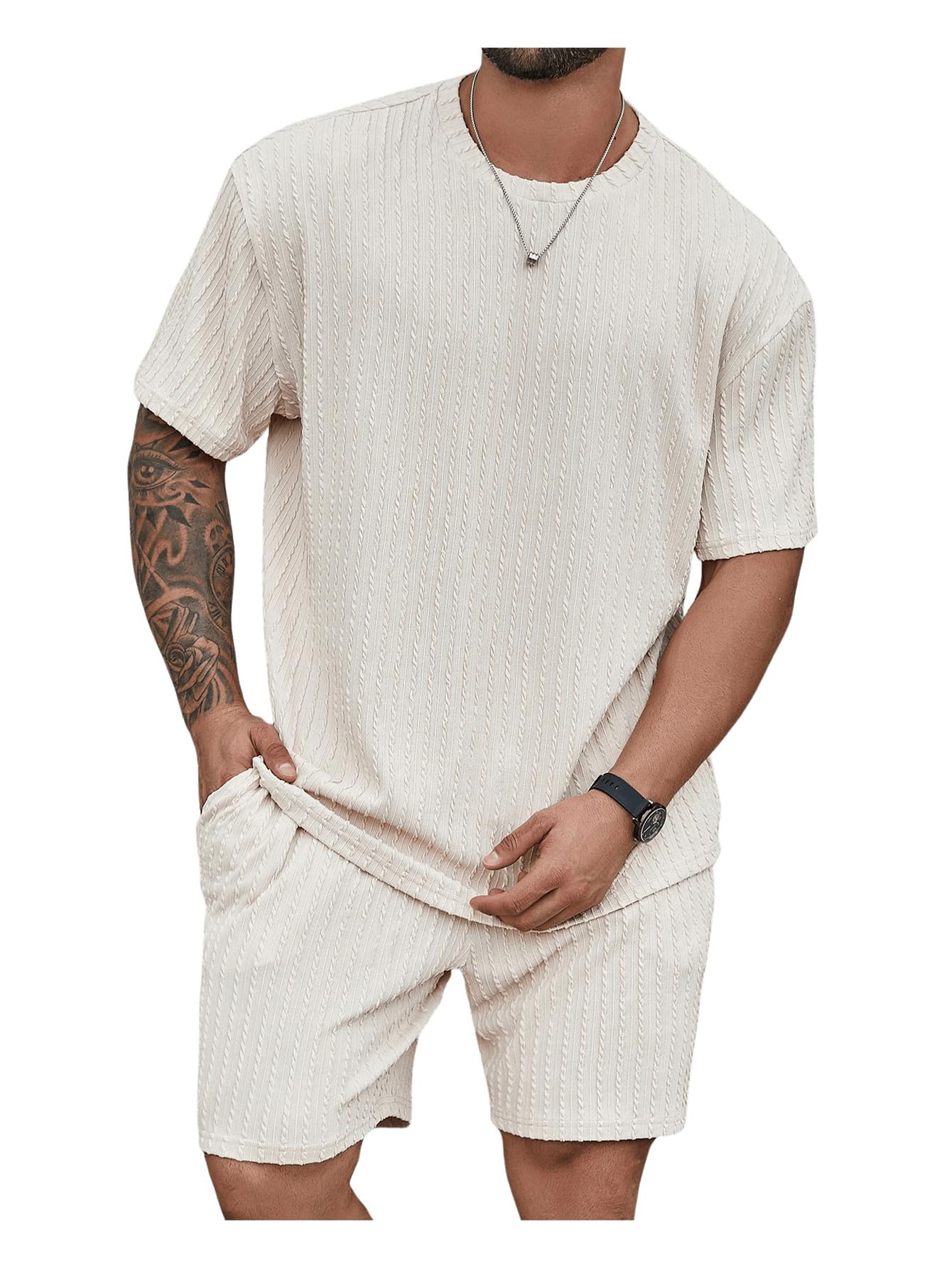 RoseSeek Men's Big and Tall 2 Piece Summer Outfits Textured Drop Shoulder T Shirt and Short Sets Tracksuit