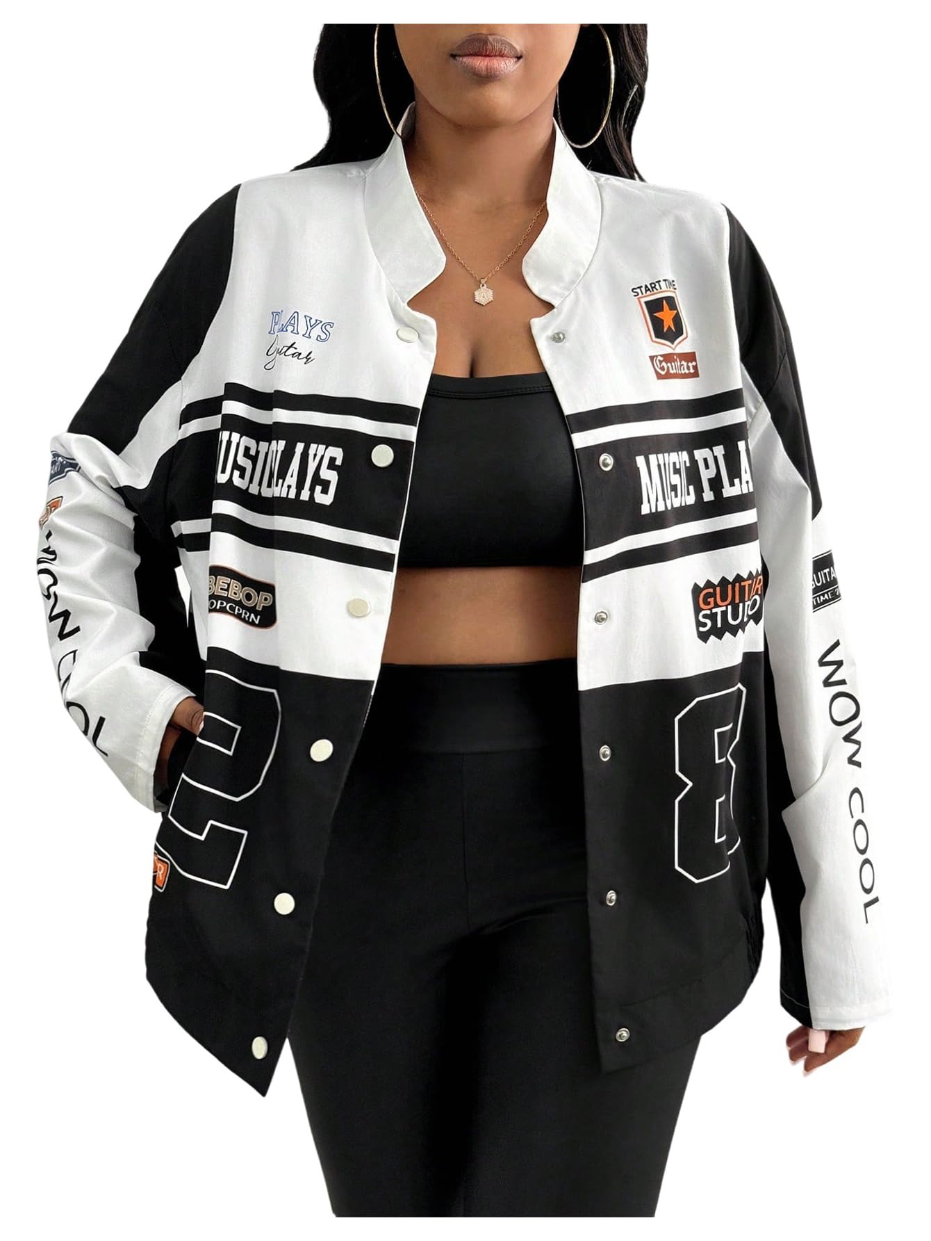SweatyRocks Women's Plus Size Oversized Varsity Jackets Graphic Print Y2k Racing Bomber Jacket