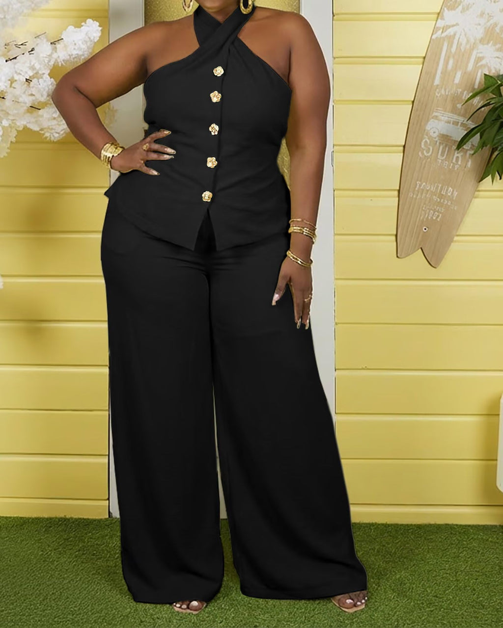 Womens Plus Size Two Piece Outfits Summer Button Halter Neck Vest Tank Tops Wide Leg Pants Suit Matching Sets