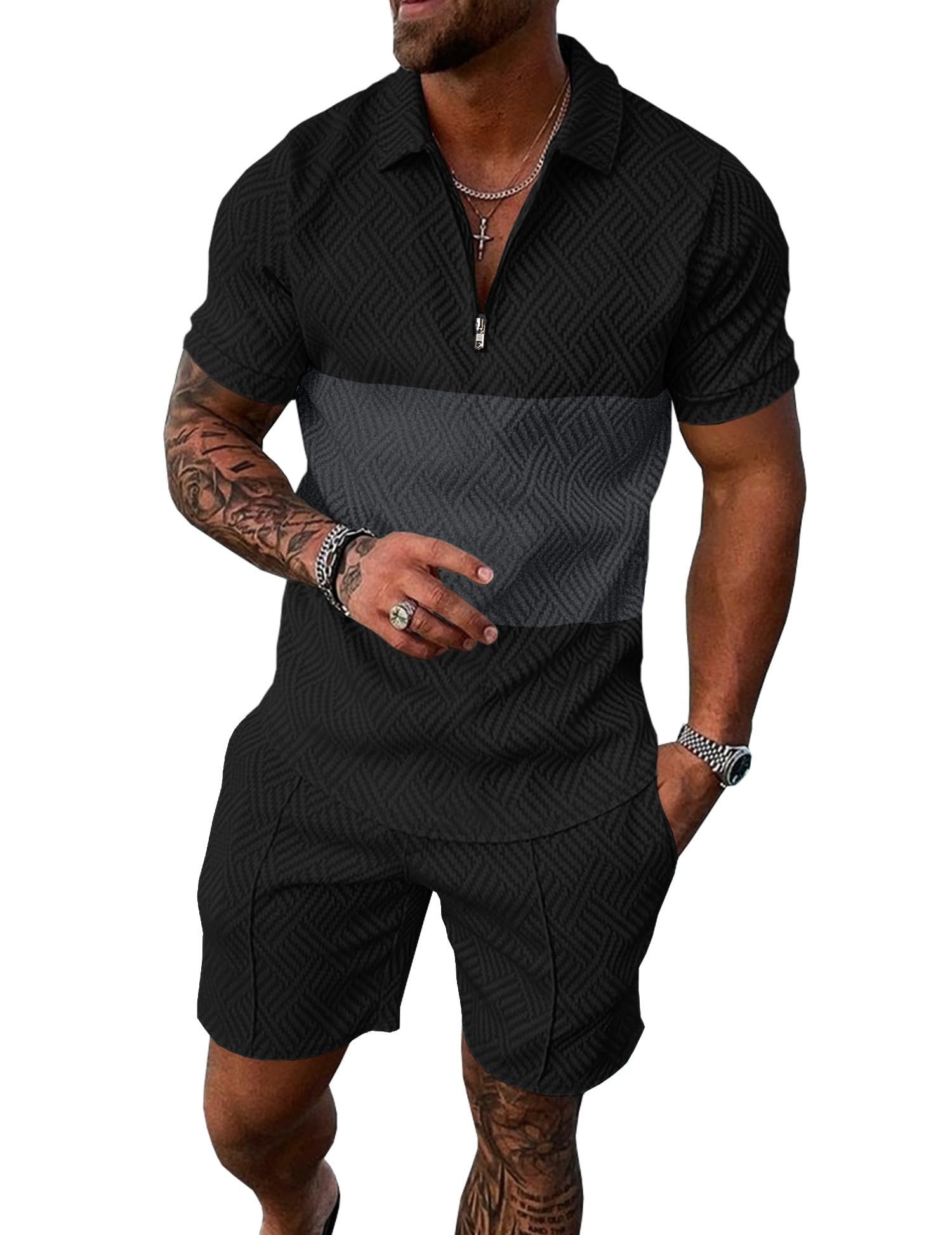 UOUA Mens Summer Track Suits 2 Piece Shorts Sets Short Sleeve Sweatsuit Outfits 1/4 Zip Golf Polo Splicing Striped Shirts