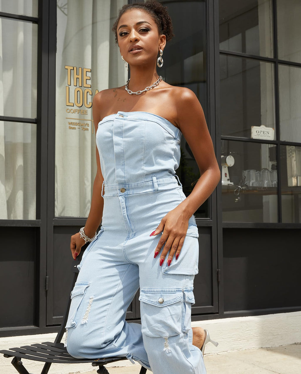 Voghtic Women's Strapless Denim Cargo Jumpsuit High Waisted Multiple Pocket Casual Outfit