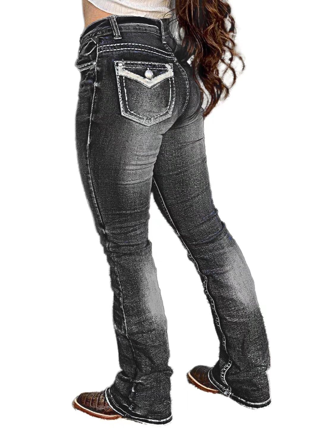 Flamingals Boot Cut Jeans for Women Trendy Stretch Jeans Butt Lifting Tummy Control Denim Pants Sea Blue 2XL