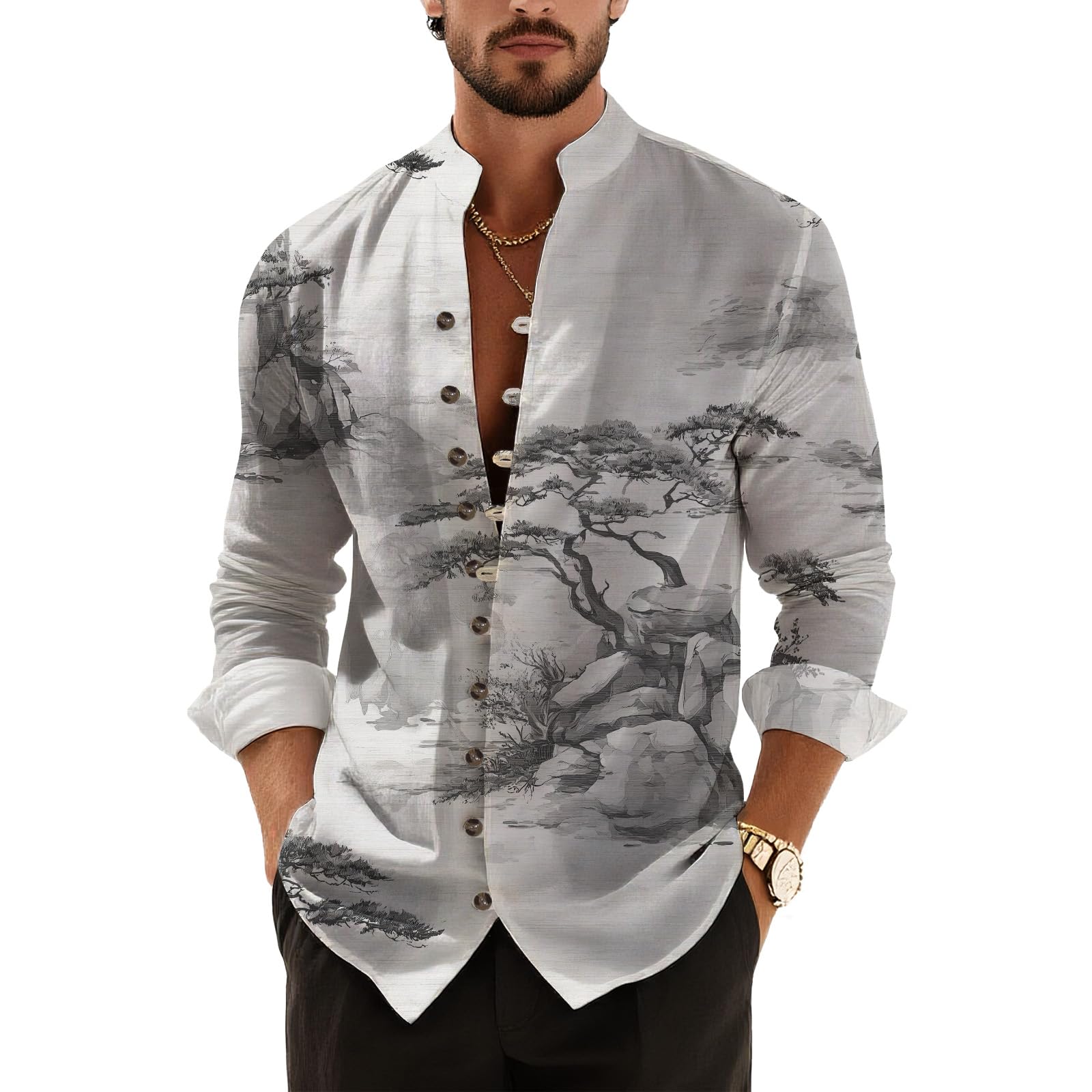 DMOYALA Men’s Hawaiian Button Down Shirts 2025 Fall Casual Long Sleeve Shirts Baggy Henley Neck Beach Vacation Outfits