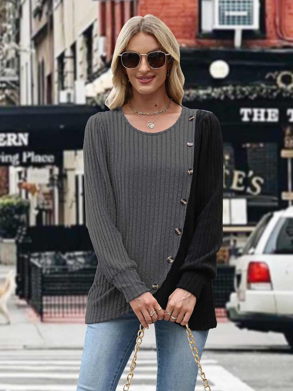 MixShe Womens Knit Sweaters 2026 Fall Winter Casual Long Sleeve Ribbed Colorblock Button Pullover Tops