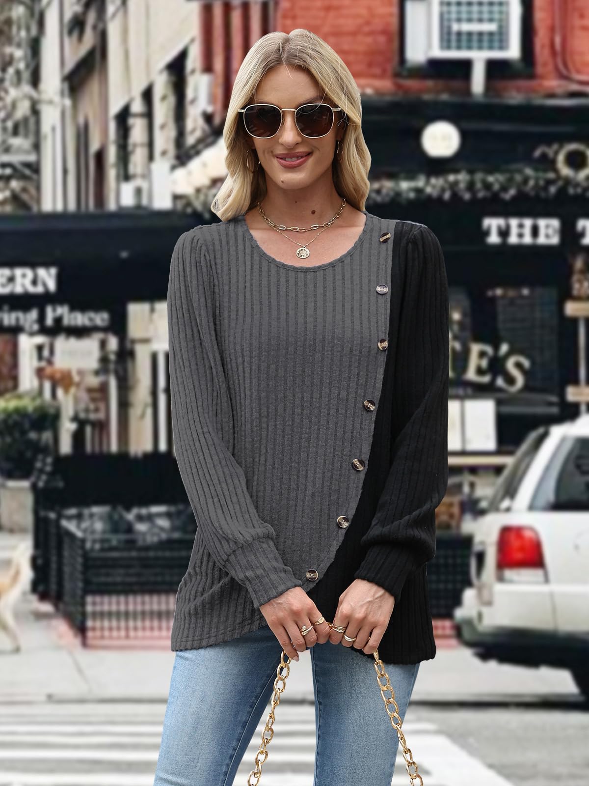 MixShe Womens Knit Sweaters 2026 Fall Winter Casual Long Sleeve Ribbed Colorblock Button Pullover Tops