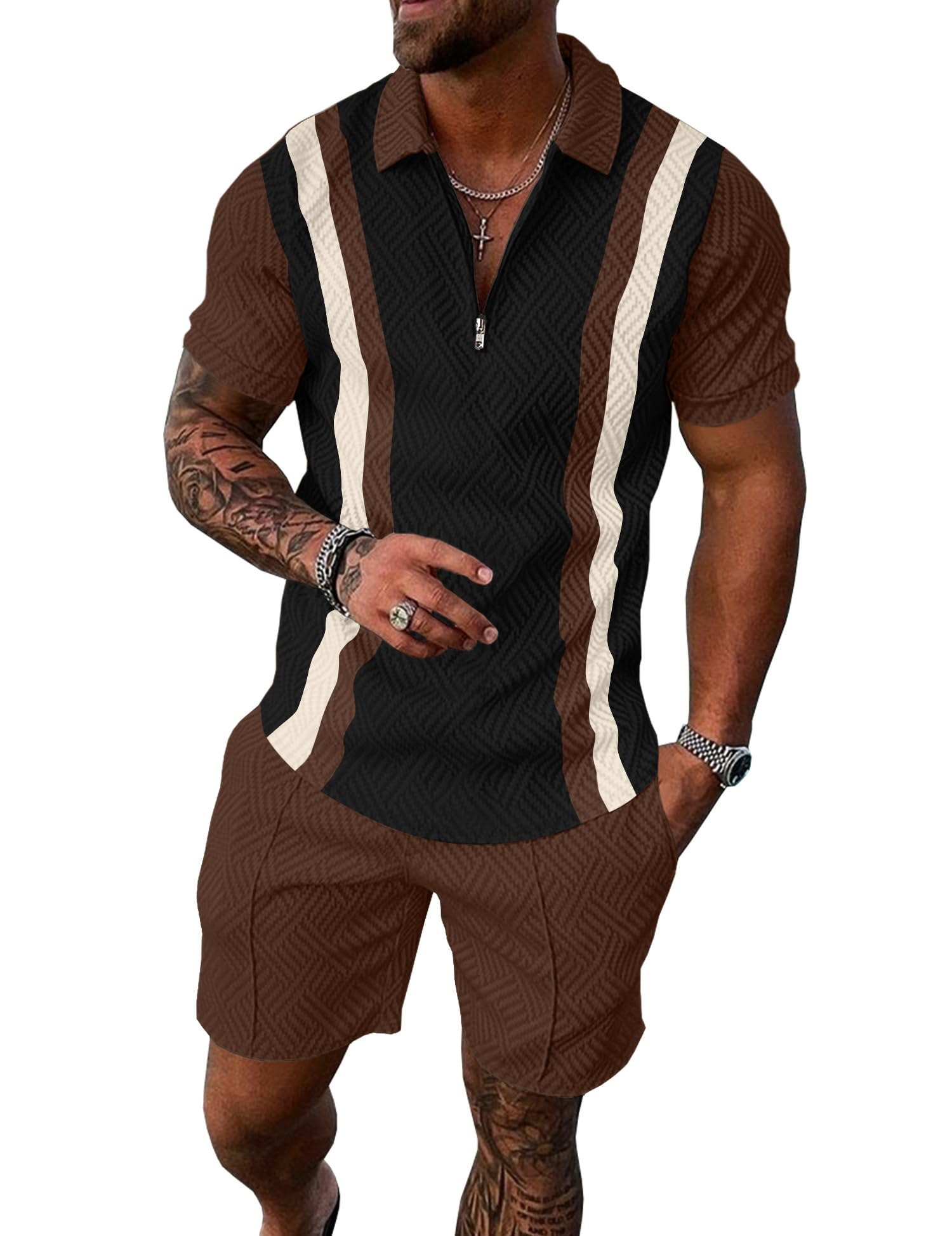 UOUA Mens Summer Track Suits 2 Piece Shorts Sets Short Sleeve Sweatsuit Outfits 1/4 Zip Golf Polo Splicing Striped Shirts