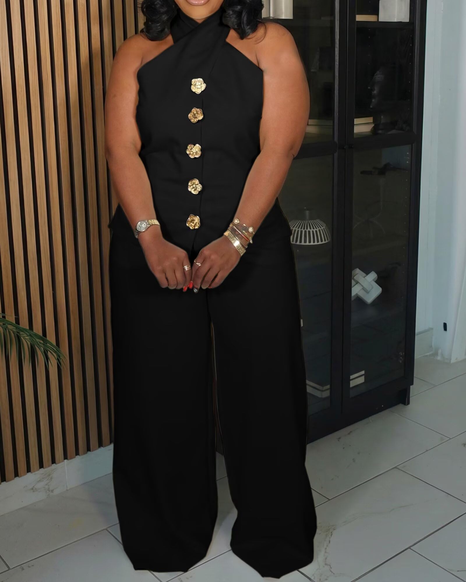 Womens Plus Size Two Piece Outfits Summer Button Halter Neck Vest Tank Tops Wide Leg Pants Suit Matching Sets