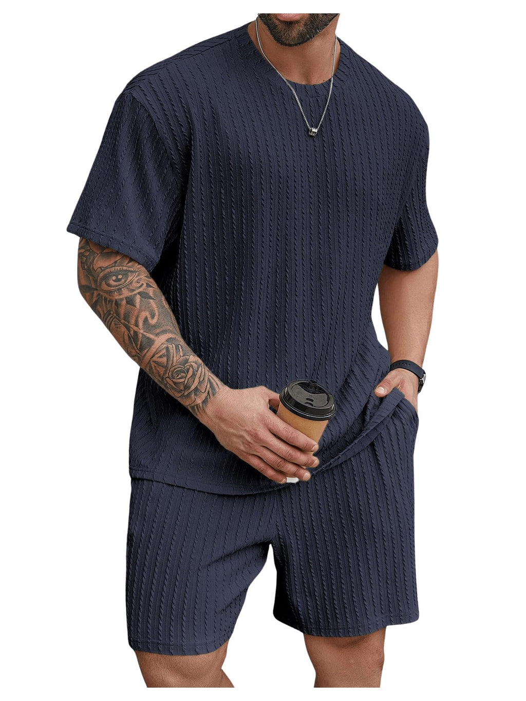 RoseSeek Men's Big and Tall 2 Piece Summer Outfits Textured Drop Shoulder T Shirt and Short Sets Tracksuit