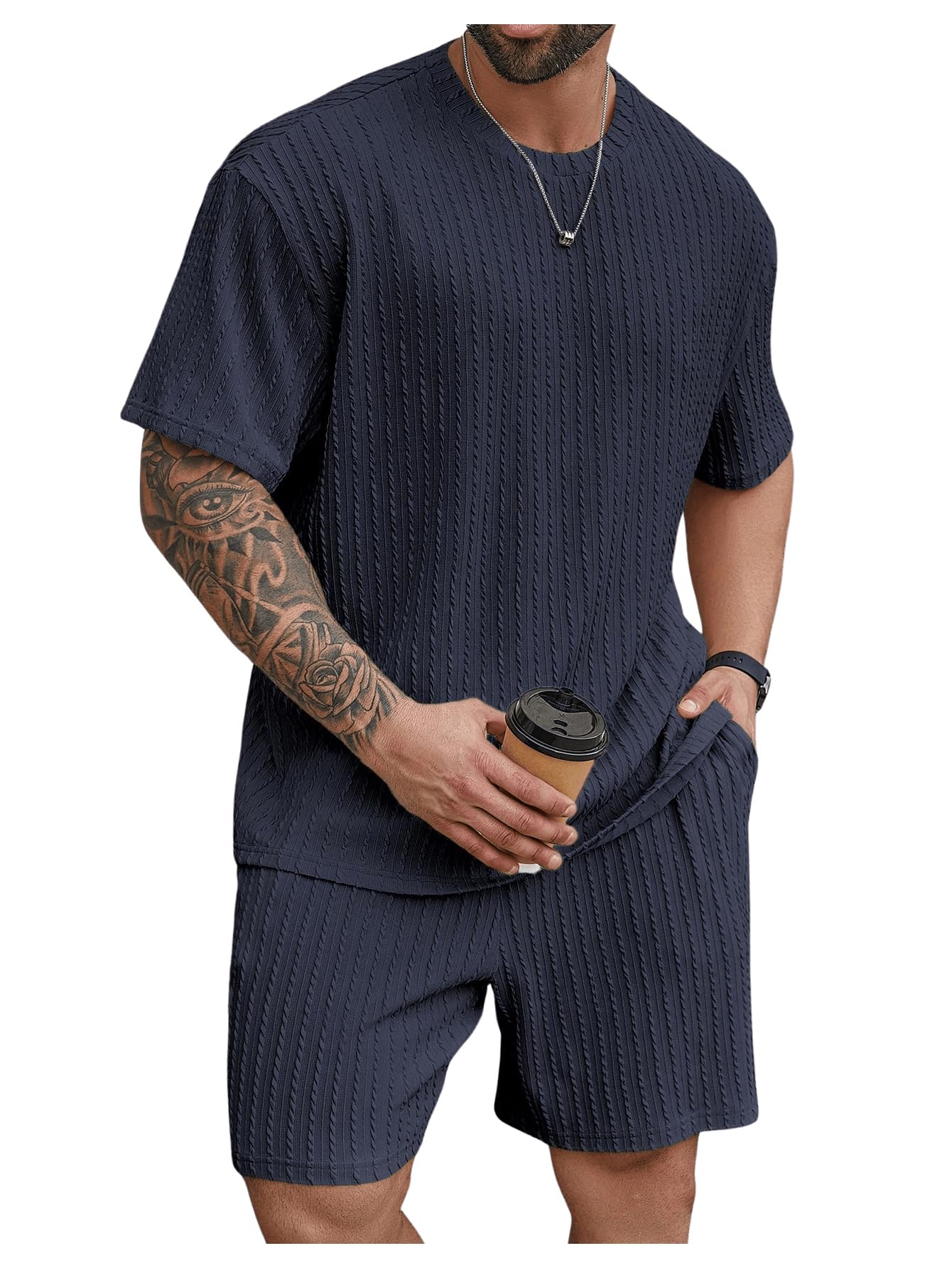 RoseSeek Men's Big and Tall 2 Piece Summer Outfits Textured Drop Shoulder T Shirt and Short Sets Tracksuit
