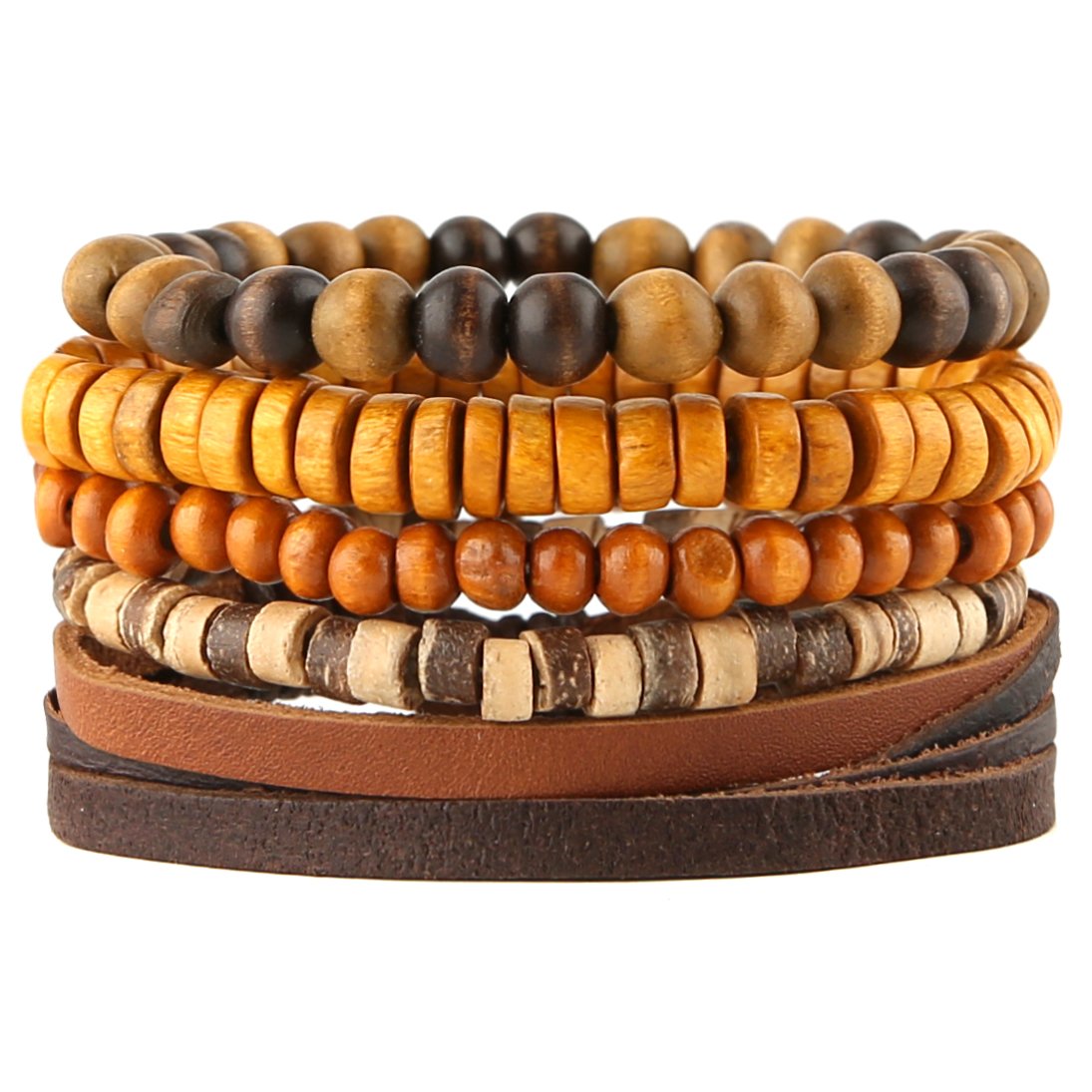 HZMAN Wrap Bracelets Men Women, Hemp Cords Wood Beads Ethnic Tribal Bracelets, Leather Wristbands