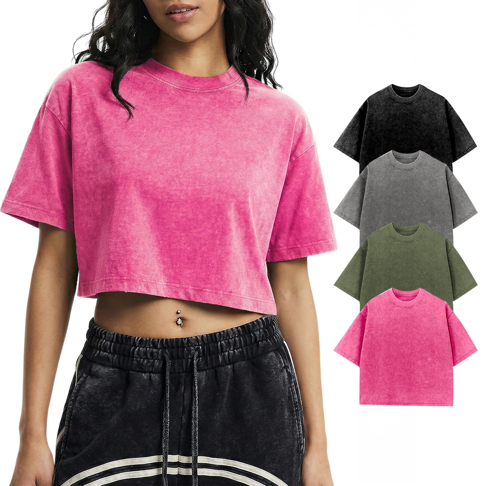 Gihuo Cropped T Shirts for Women Vintage Tees Acid Wash Crop T-Shirts Oversized Cotton Tshirt