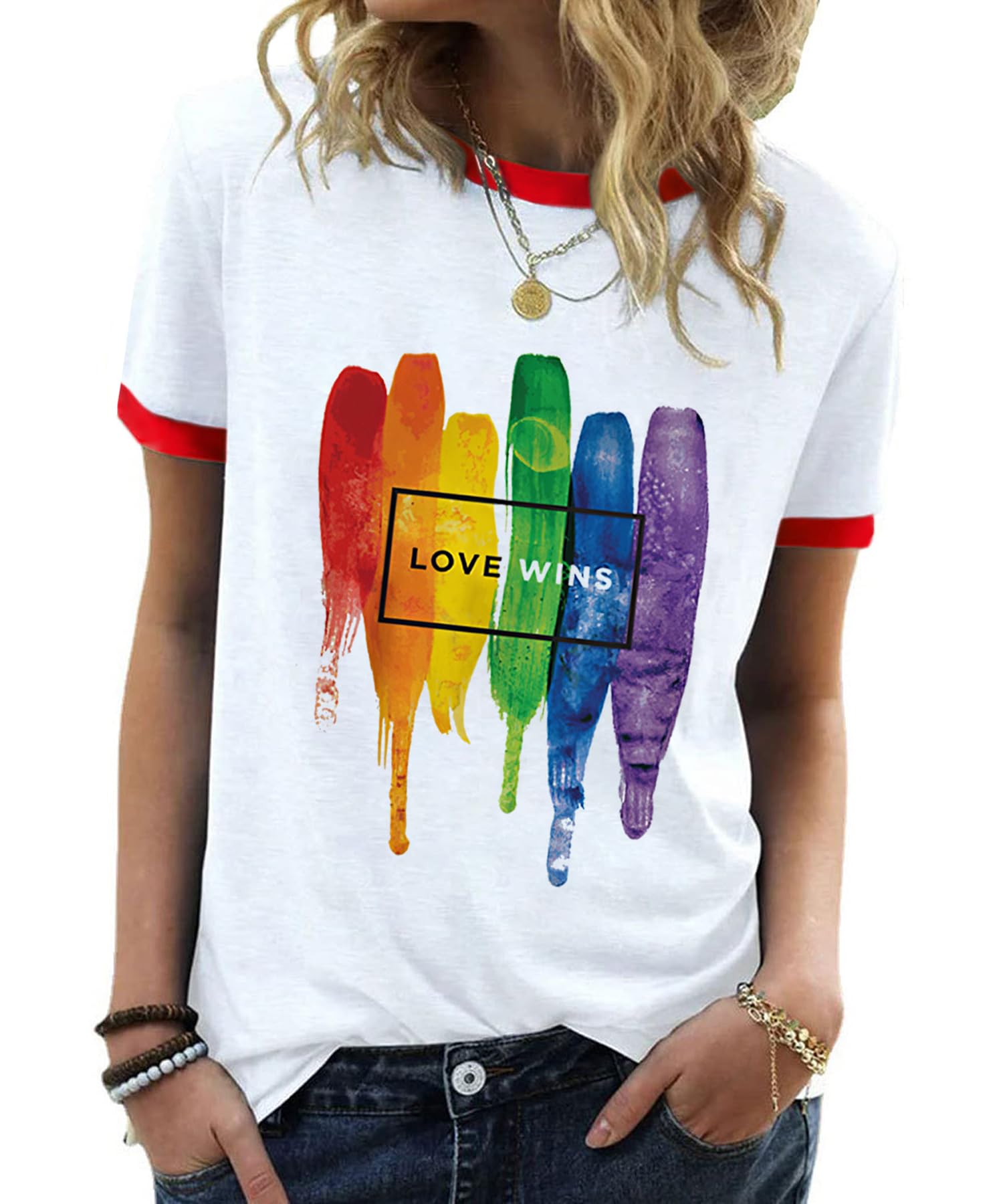 YZMI Pride Shirts for Women Pride Month Rainbow Graphic T-Shirt LGBTQ Support Red Ringer Tee