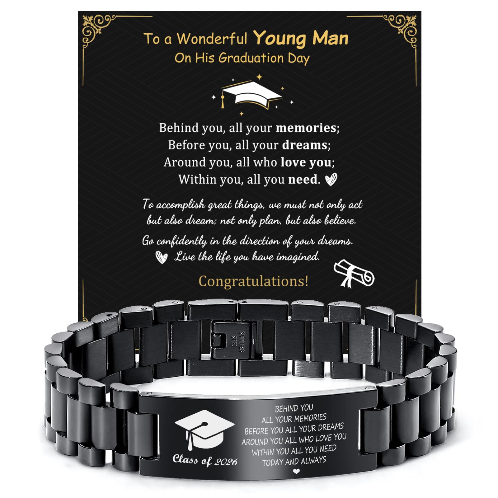 MEALGUET Graduation Gifts for him,Customizable Graduation Bracelet, Inspirational College Graduate Class Of 2026 Gift, Stainless Steel Handsome Link Bracelets for College Graduates