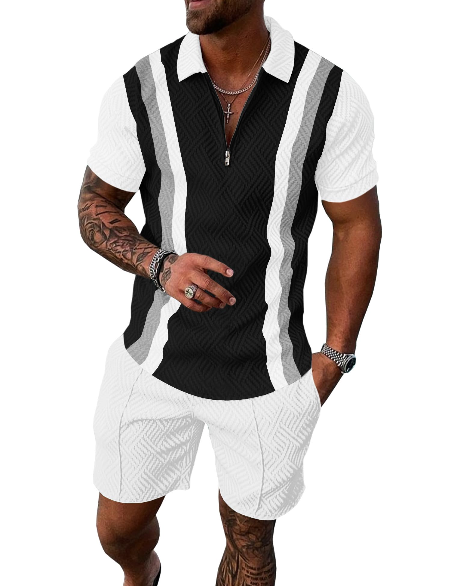 UOUA Mens Summer Track Suits 2 Piece Shorts Sets Short Sleeve Sweatsuit Outfits 1/4 Zip Golf Polo Splicing Striped Shirts