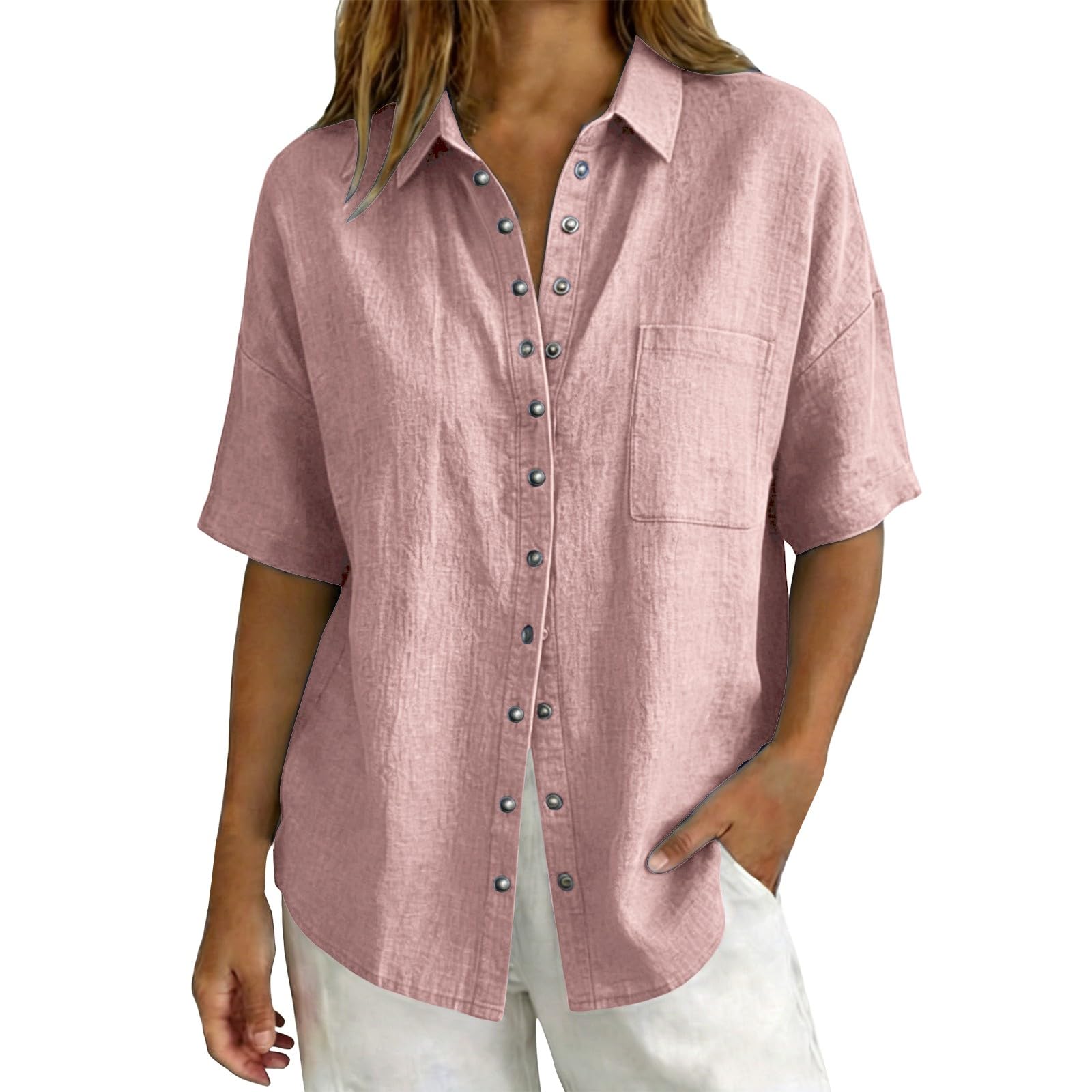 Linen Tops for Women Breathable Gauze Shirts Cotton Button Down Summer Elbow Length Blouses Dressy Casual Clothes