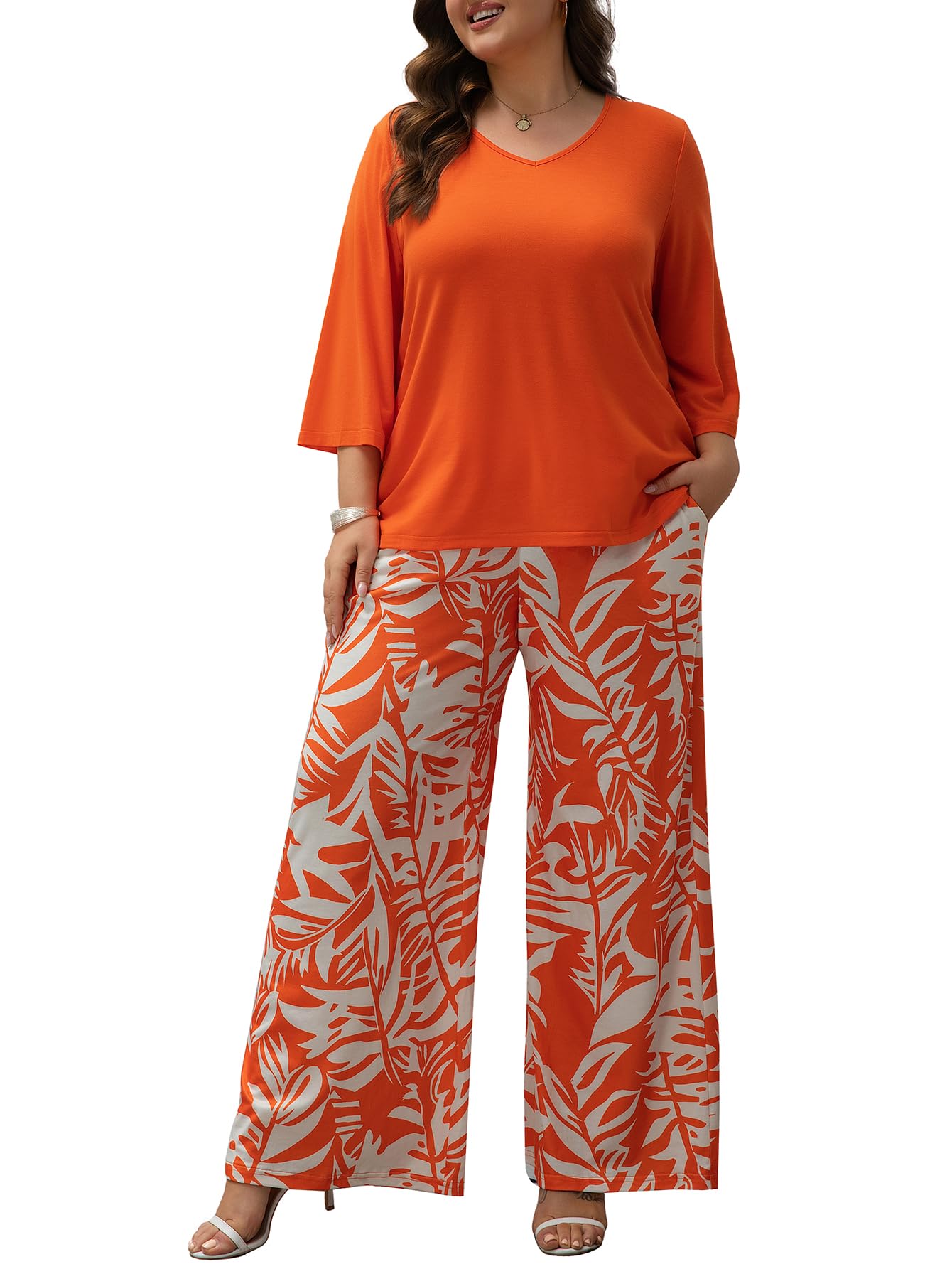 Auciccoo Womens Plus Size Lounge Sets 2 Piece Outfits 3/4 Sleeve Pullover Tops Wide Leg Pants Travel Loungewear