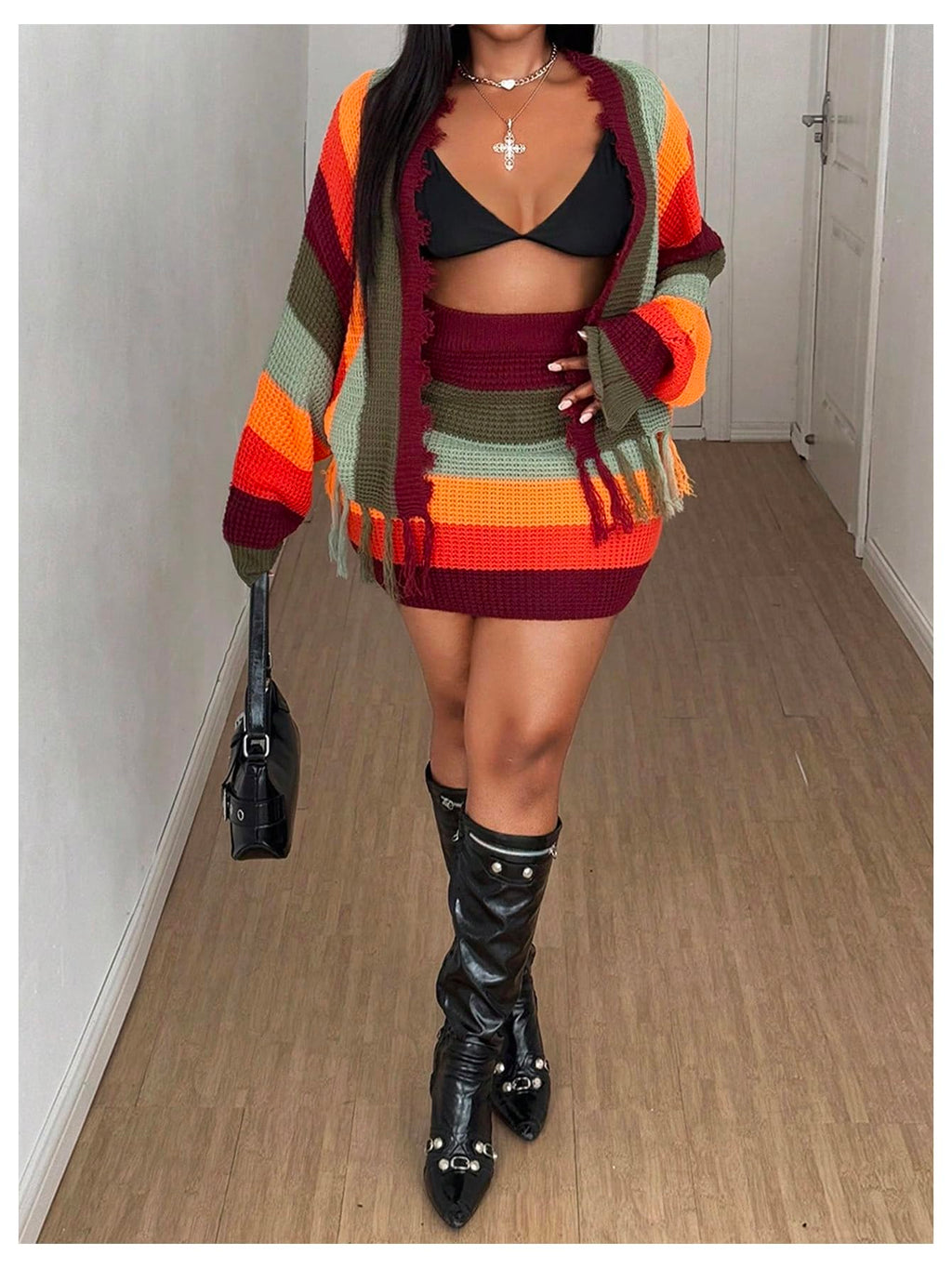 WDIRARA Women's Plus Size 2 Piece Outfits Colorblock Striped Open Front Fringe Cardigan Bodycon Mini Skirt Set