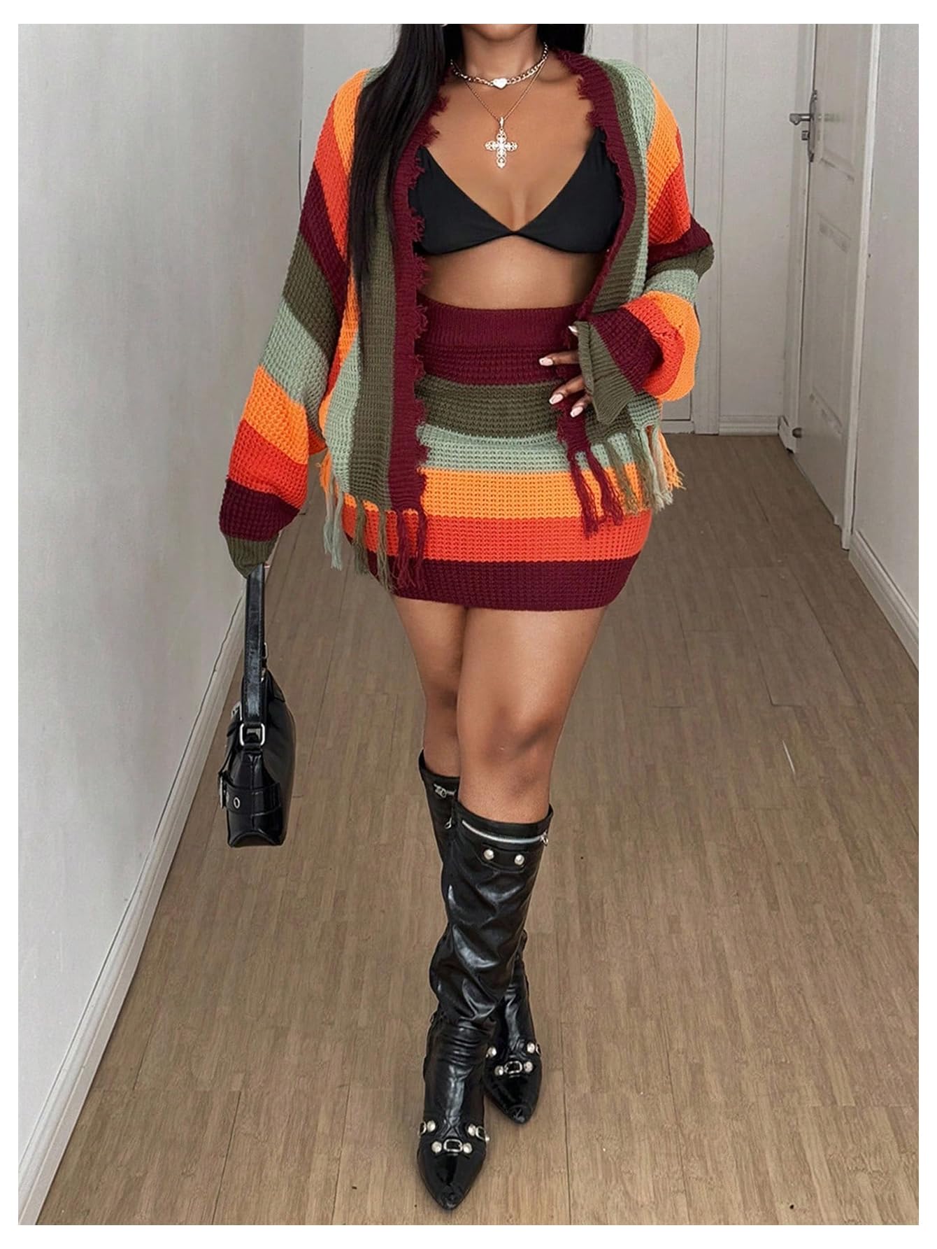 WDIRARA Women's Plus Size 2 Piece Outfits Colorblock Striped Open Front Fringe Cardigan Bodycon Mini Skirt Set