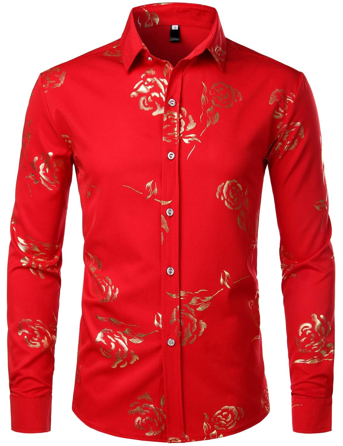 ZEROYAA Mens Hipster Rose Printed Slim Fit Long Sleeve Dress Shirts Prom Performing Shirts