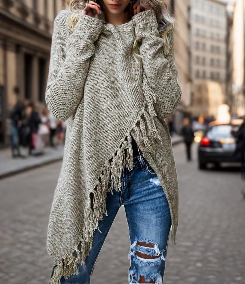 Women's Open Front Knited Tassels Slash Loose Cardigan Crew Neck Speckled Fringe Sweater Outwear
