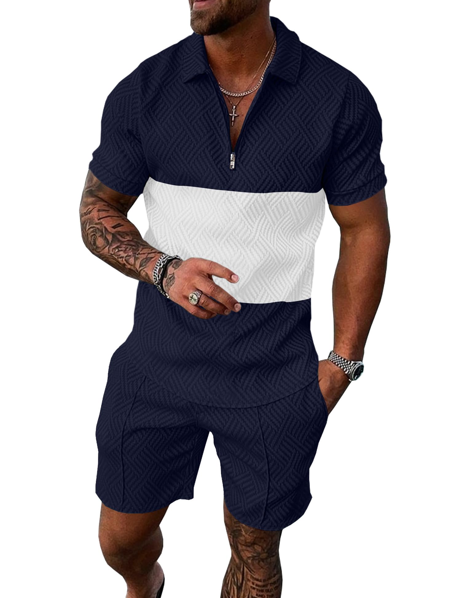 UOUA Mens Summer Track Suits 2 Piece Shorts Sets Short Sleeve Sweatsuit Outfits 1/4 Zip Golf Polo Splicing Striped Shirts