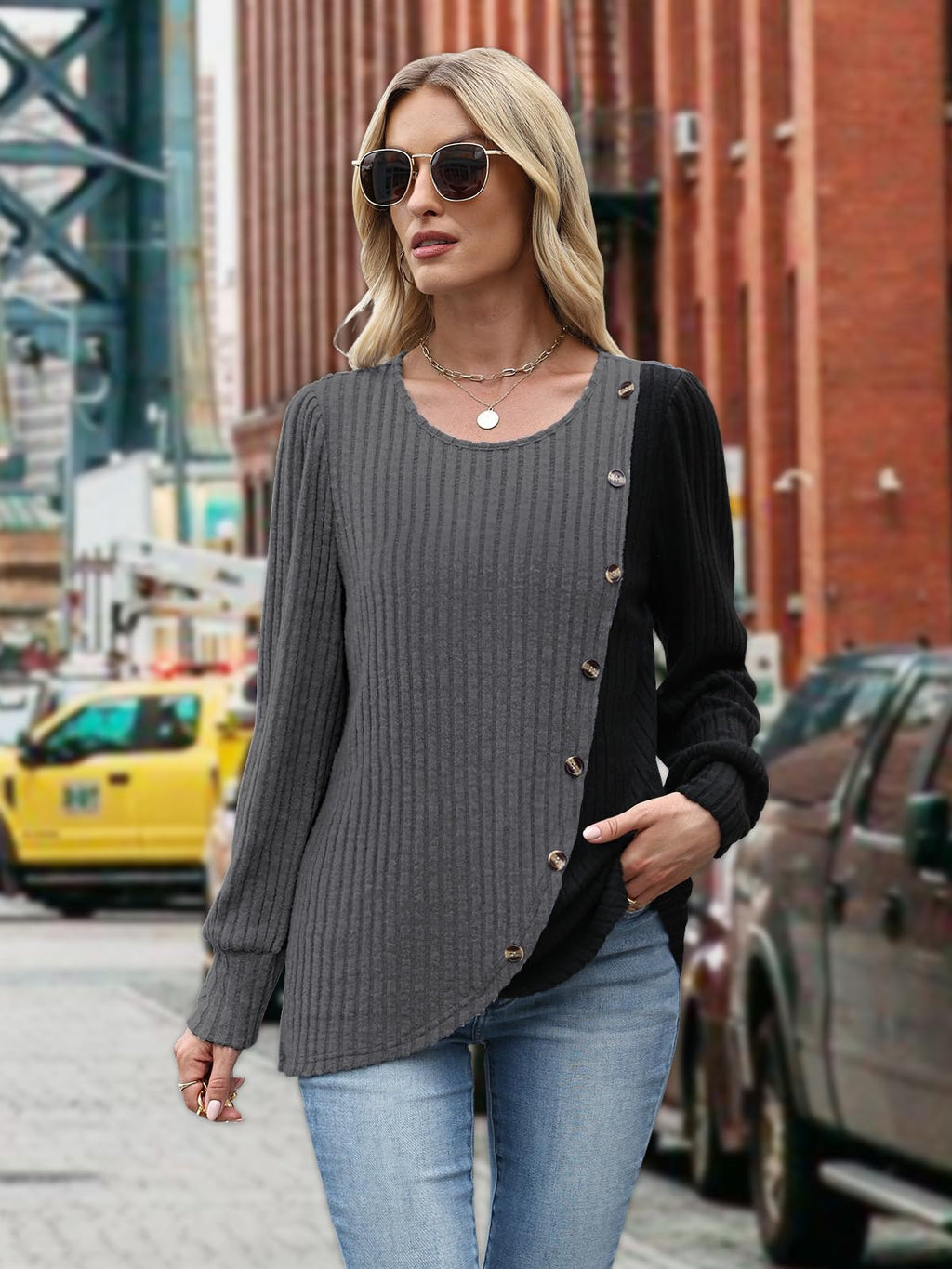 MixShe Womens Knit Sweaters 2026 Fall Winter Casual Long Sleeve Ribbed Colorblock Button Pullover Tops