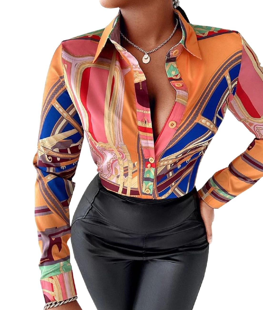 Blouses for Women Dressy Casual Colorful Long Sleeve Shirt Floral Print Tops Loose Collar Sexy T-Shirts Fashion 2023