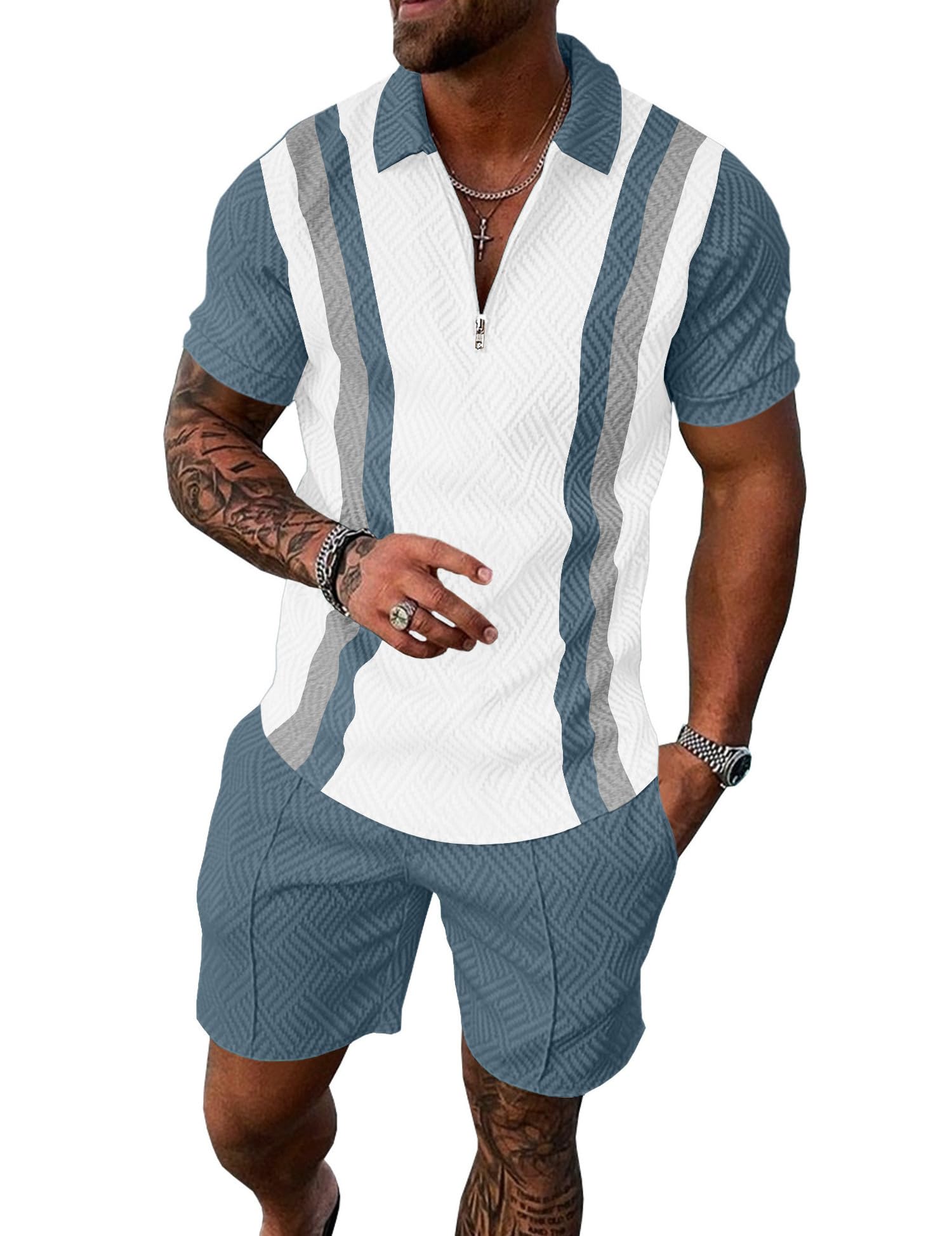 UOUA Mens Summer Track Suits 2 Piece Shorts Sets Short Sleeve Sweatsuit Outfits 1/4 Zip Golf Polo Splicing Striped Shirts