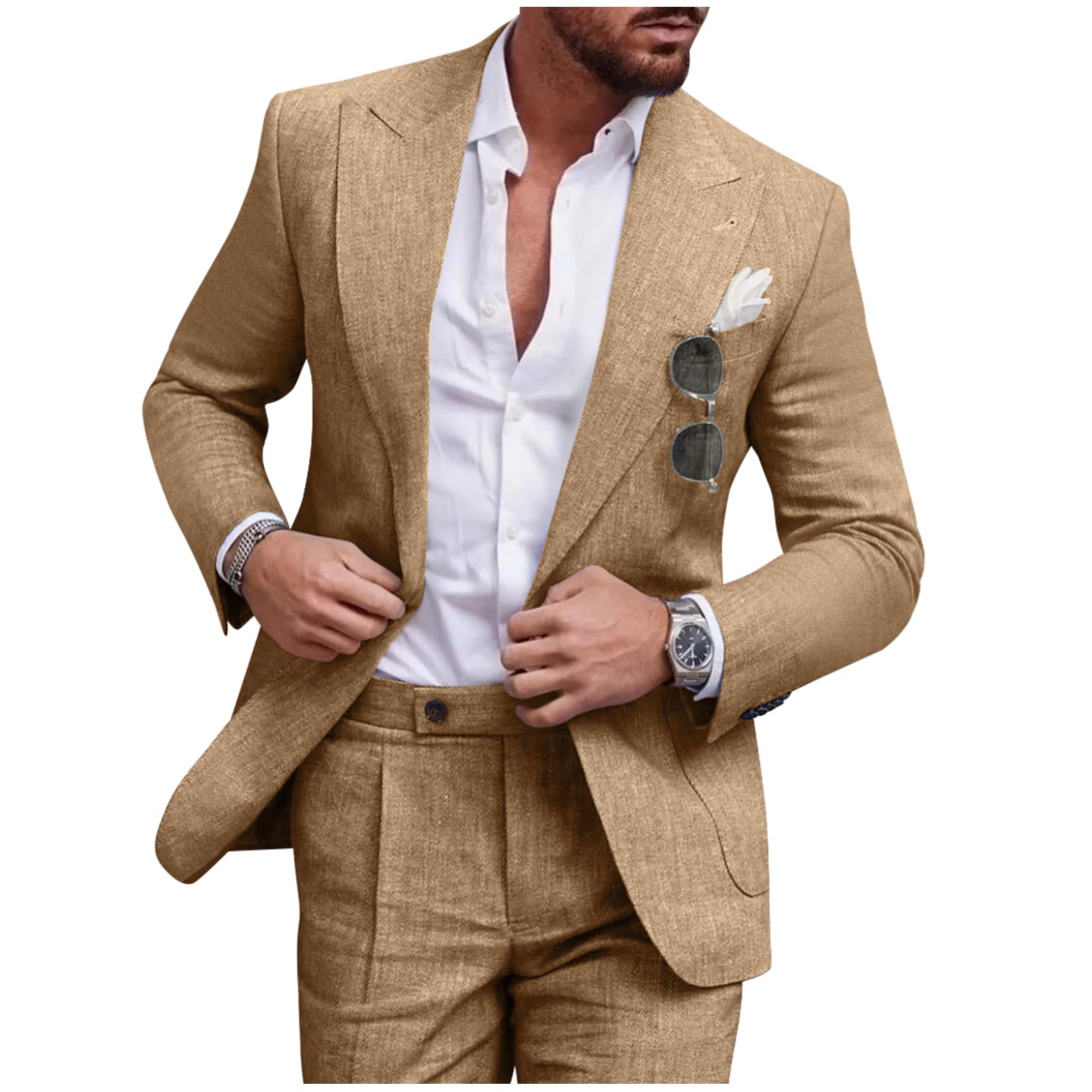 Diaryan Linen Men Suit Set Casual Tuxedo 2 Piece Regular Fit Blazer One Button Solid Jacket and Pants for Prom Wedding Party