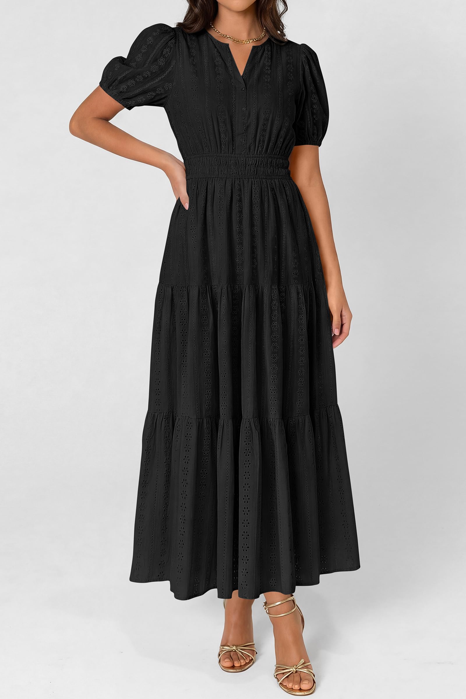 PRETTYGARDEN Womens Summer Maxi Dresses 2026 Casual Puff Sleeve V Neck Smocked Flowy Eyelet Cotton Dress Spring Sundress