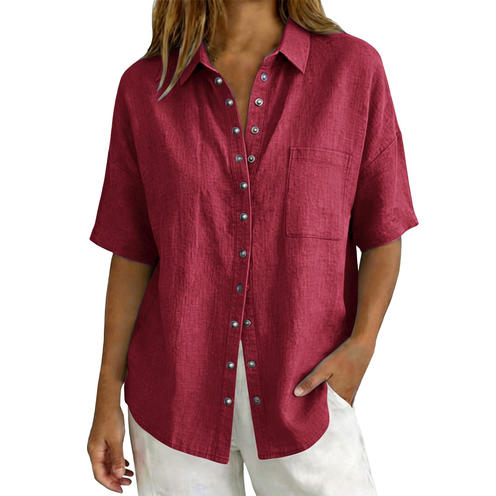 Linen Tops for Women Breathable Gauze Shirts Cotton Button Down Summer Elbow Length Blouses Dressy Casual Clothes