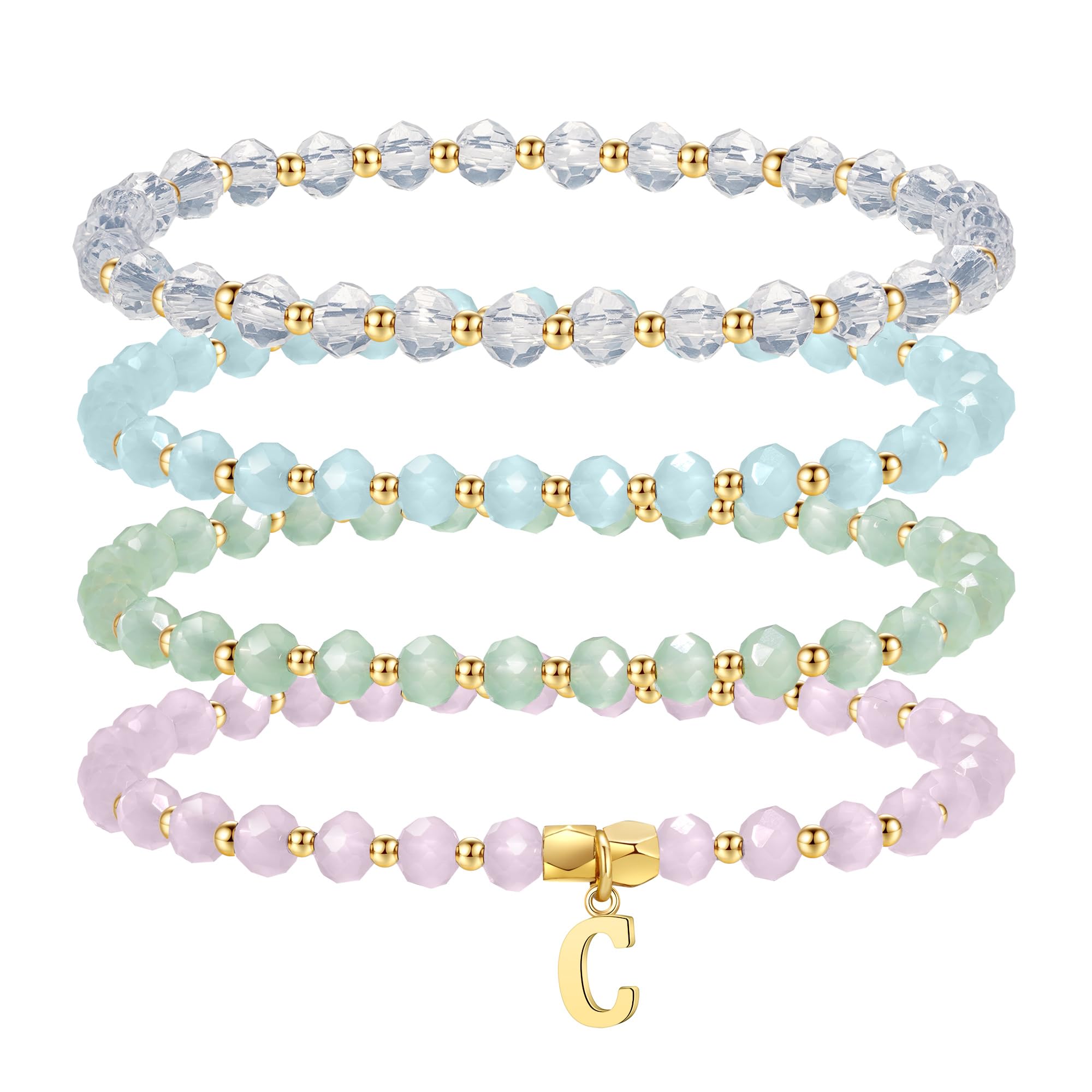 IEFWELL Initial Bracelets for Women Girls - 4Pcs Crystal Bracelets Set Pink/Blue/White/Green Crystals Beaded Bracelet Stretch Bracelet Kid Jewelry Birthday Gifts for Teen Girls Kids Toddler